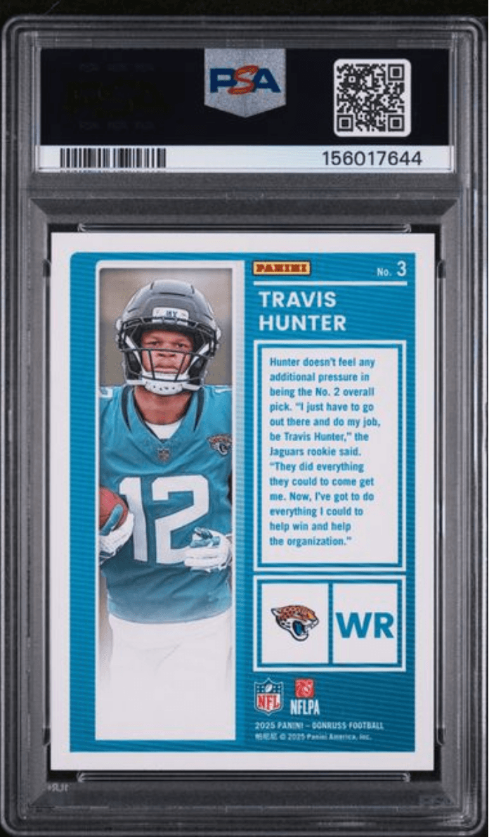 Graded 2025 Panini Donruss Travis Hunter #3 The Rookies Rookie RC Football Card PSA 10 Gem Mint