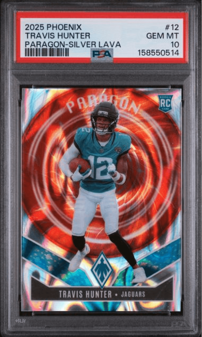 Graded 2025 Panini Phoenix Travis Hunter #12 Paragon Silver Lava /199 Rookie RC Football Card PSA 10 Gem Mint