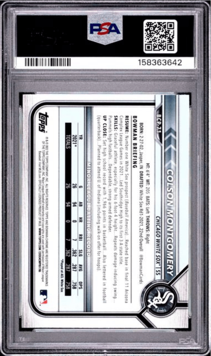 Graded 2022 Topps Bowman Colson Montgomery #BCP71 Chrome Prospects Atomic Refractor Rookie RC Baseball Card PSA 10 Gem Mint