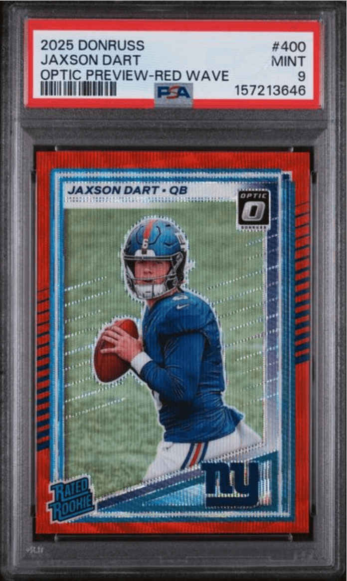 Graded 2025 Panini Donruss Jaxson Dart #400 Optic Preview Red Wave Rookie RC Football Card PSA 9 Mint