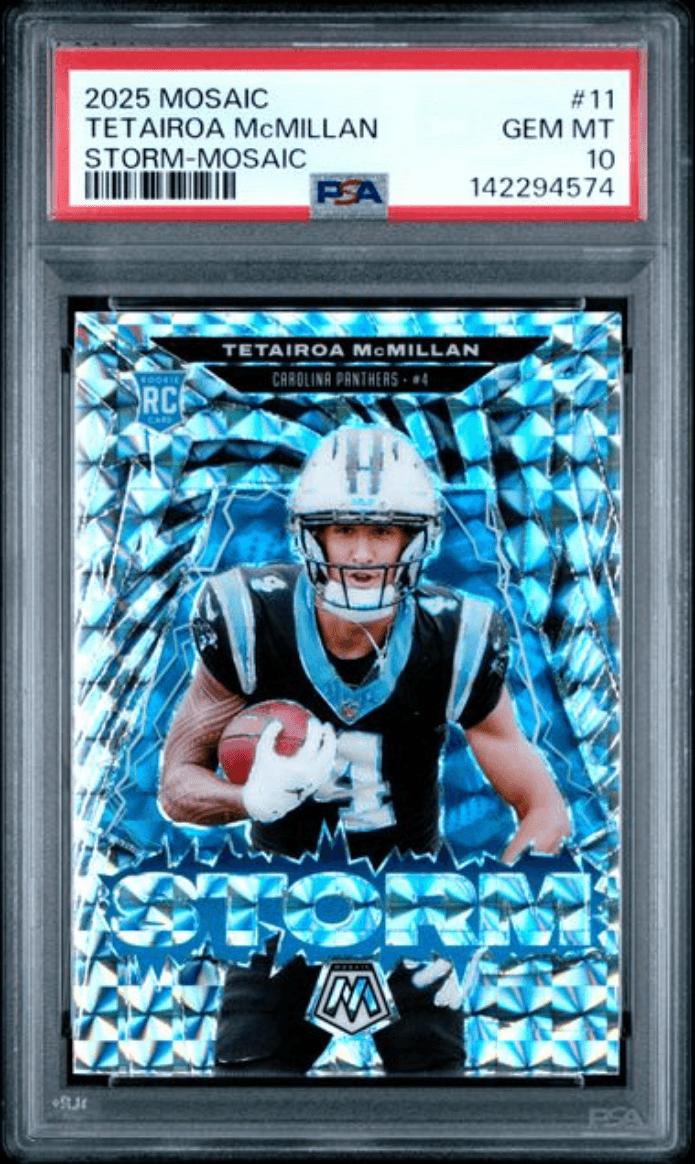 Graded 2025 Panini Mosaic Tetairoa McMillan #11 Storm Mosaic Rookie RC Football Card PSA 10 Gem Mint
