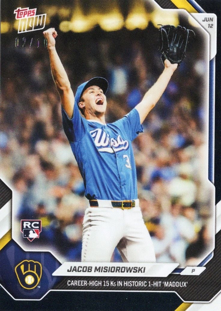2026 Topps Now Jacob Misiorowski #325 Black Foil /10 Career High 15Ks in Historic 1 Hit 'Maddux' Milwaukee Brewers Rookie RC Baseball Card