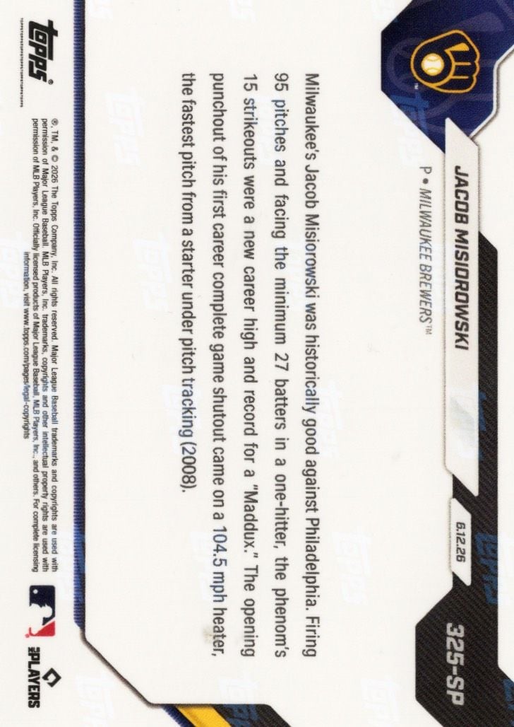 2026 Topps Now Jacob Misiorowski #325SP Career High 15Ks in Historic 1 Hit 'Maddux' Milwaukee Brewers Rookie RC Baseball Card