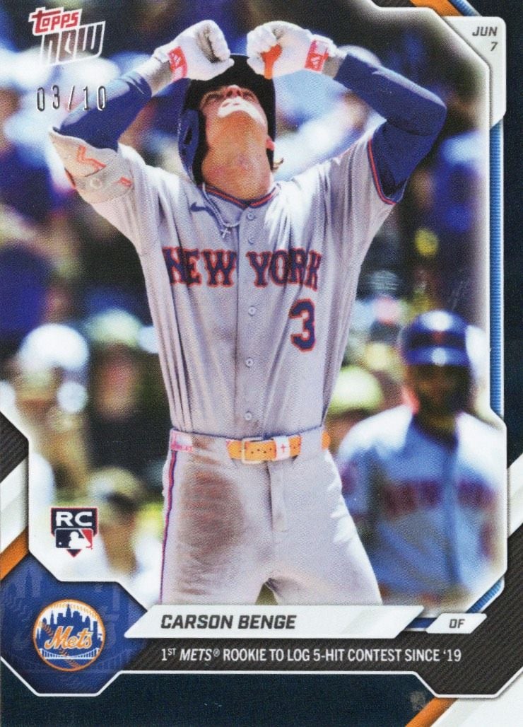 2026 Topps Now Carson Benge #301 Black Foil /10 1st Mets Rookie to Log 5 Hit Contest Since '19 New York Mets Rookie RC Baseball Card