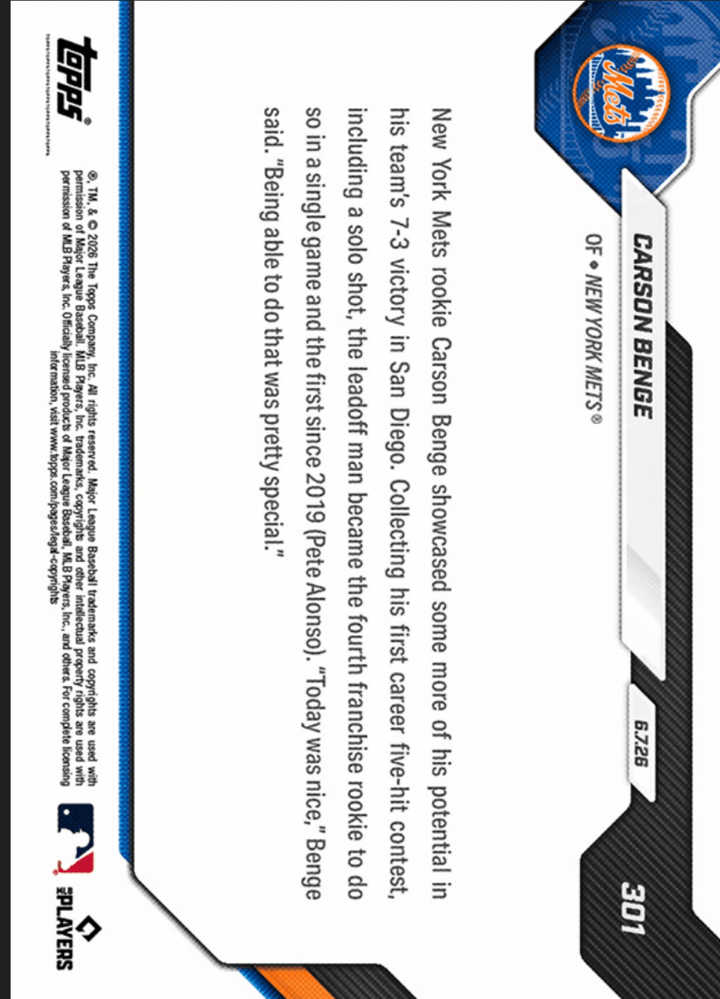 2026 Topps Now Carson Benge #301 Gold Foil /50 1st Mets Rookie to Log 5 Hit Contest Since '19 New York Mets Rookie RC Baseball Card