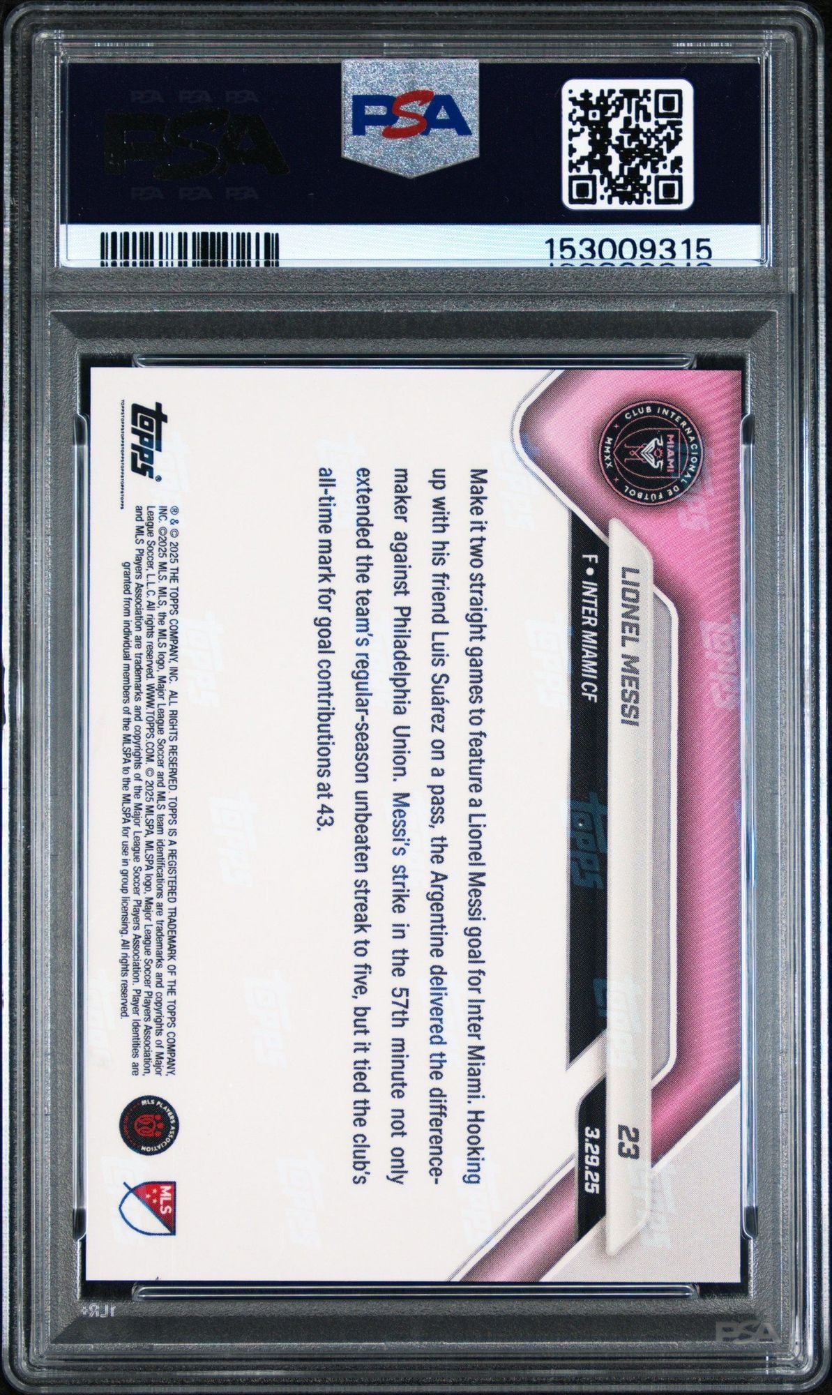 Graded 2025 Topps Now MLS Lionel Messi #23 Ties Most Goal Contributions in Club History Soccer Card PSA 10 Gem Mint