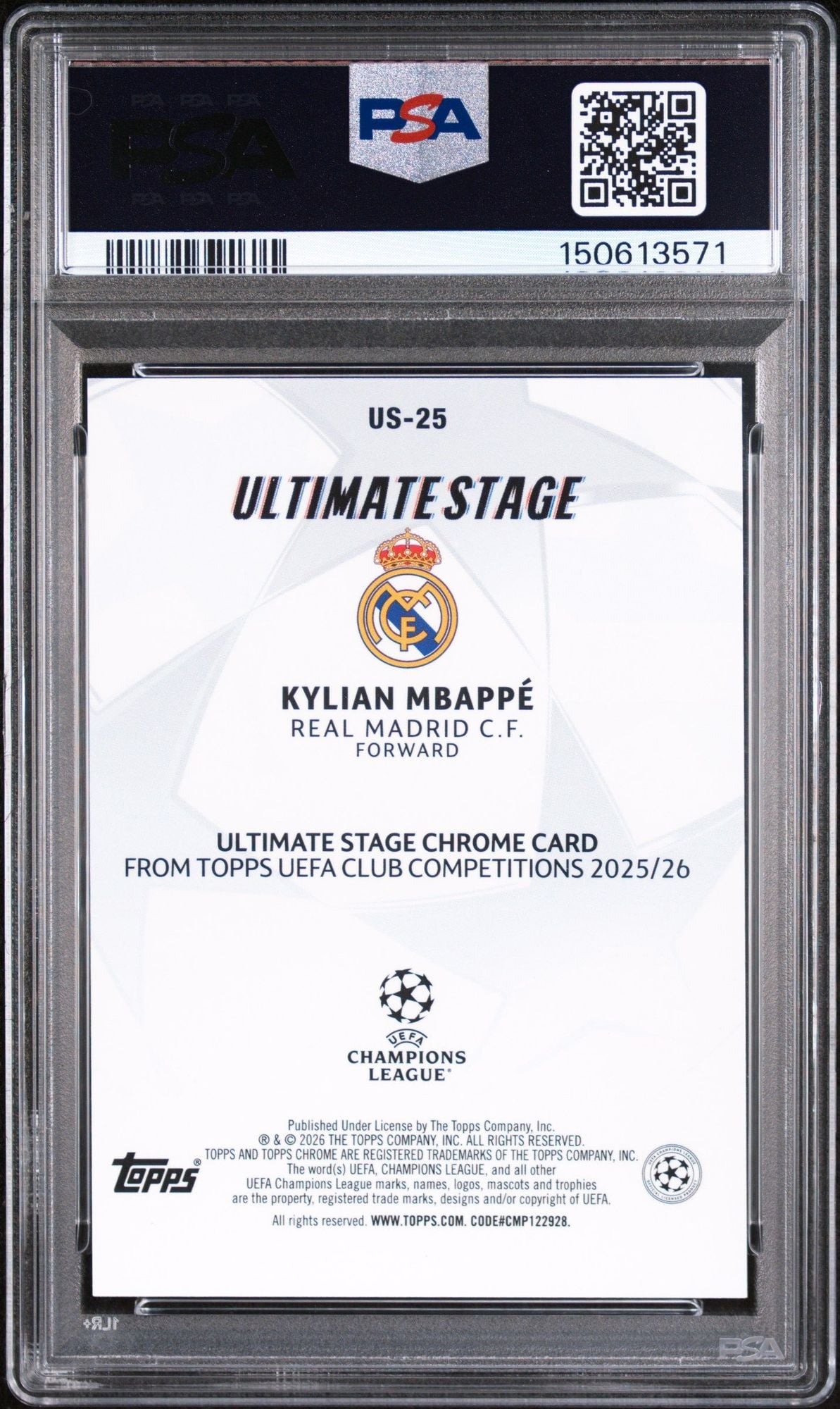 Graded 2025 Topps UCC Kylian Mbappe #US-25 Ultimate Stage Chrome Soccer Card PSA 10 Gem Mint