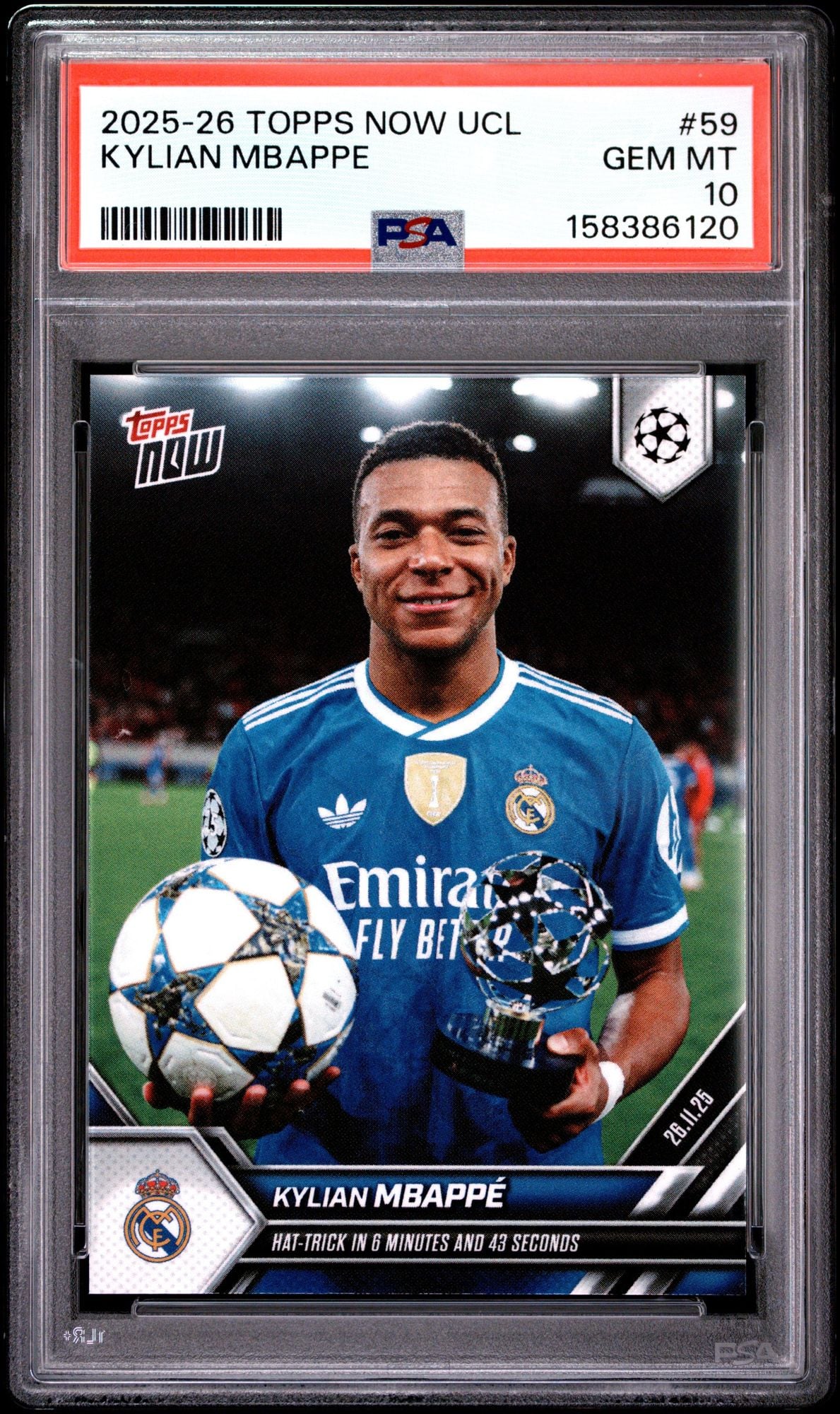 Graded 2025 Topps Now UCL Kylian Mbappe #59 UEFA Champions League Hat-Trick in 6 Minutes Soccer Card PSA 10 Gem Mint