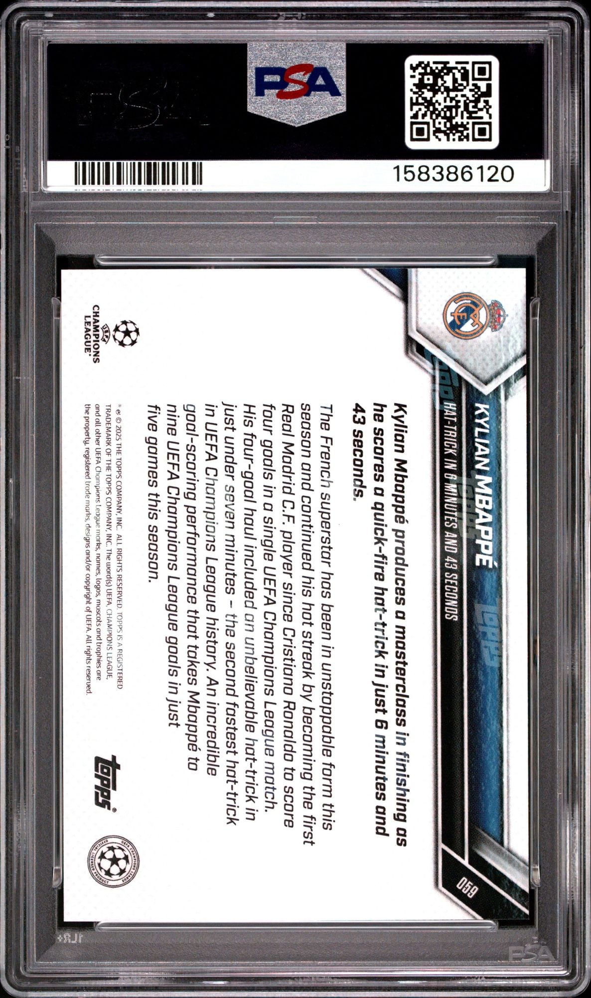 Graded 2025 Topps Now UCL Kylian Mbappe #59 UEFA Champions League Hat-Trick in 6 Minutes Soccer Card PSA 10 Gem Mint