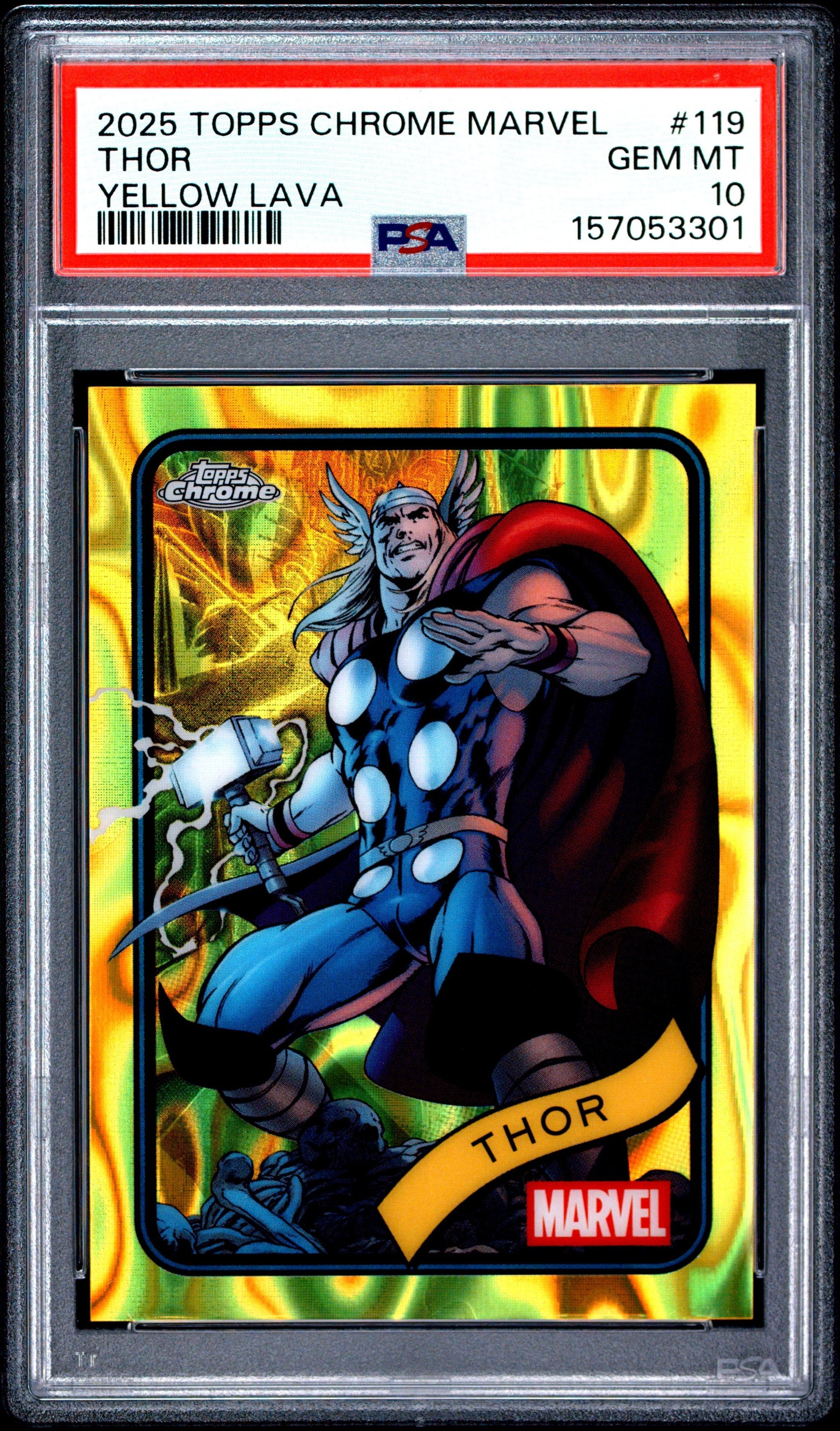 Graded 2025 Topps Chrome Marvel Thor #119 Yellow Lava Trading Card PSA 10 Gem Mint