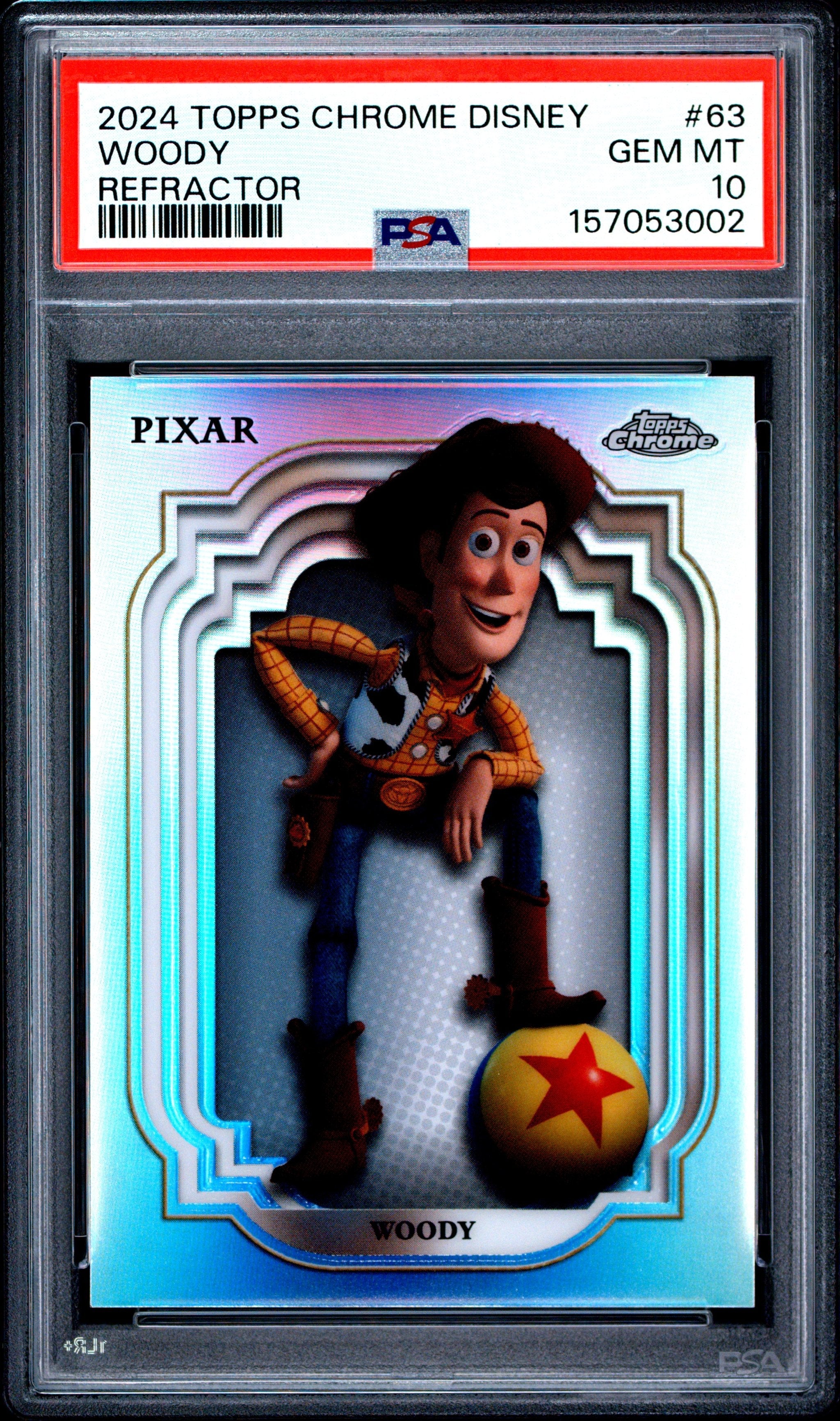 Graded 2024 Topps Chrome Disney Woody #63 Refractor Toy Story Trading Card PSA 10 Gem Mint