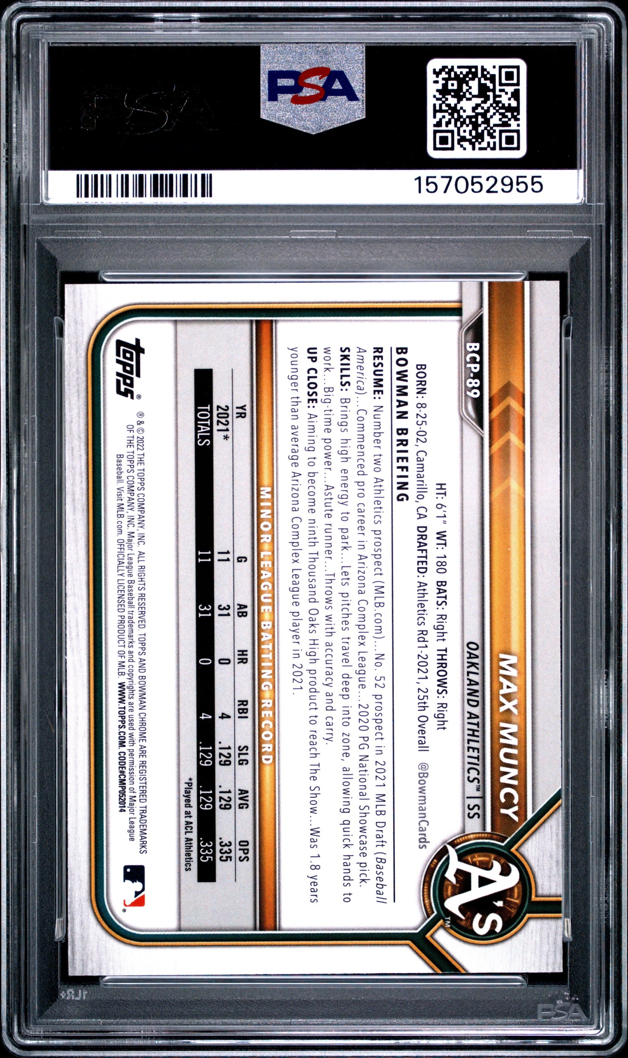 Graded 2022 Bowman Max Muncy #BCP-89 Mega Box Chrome Prospects Rookie RC Baseball Card PSA 10 Gem Mint