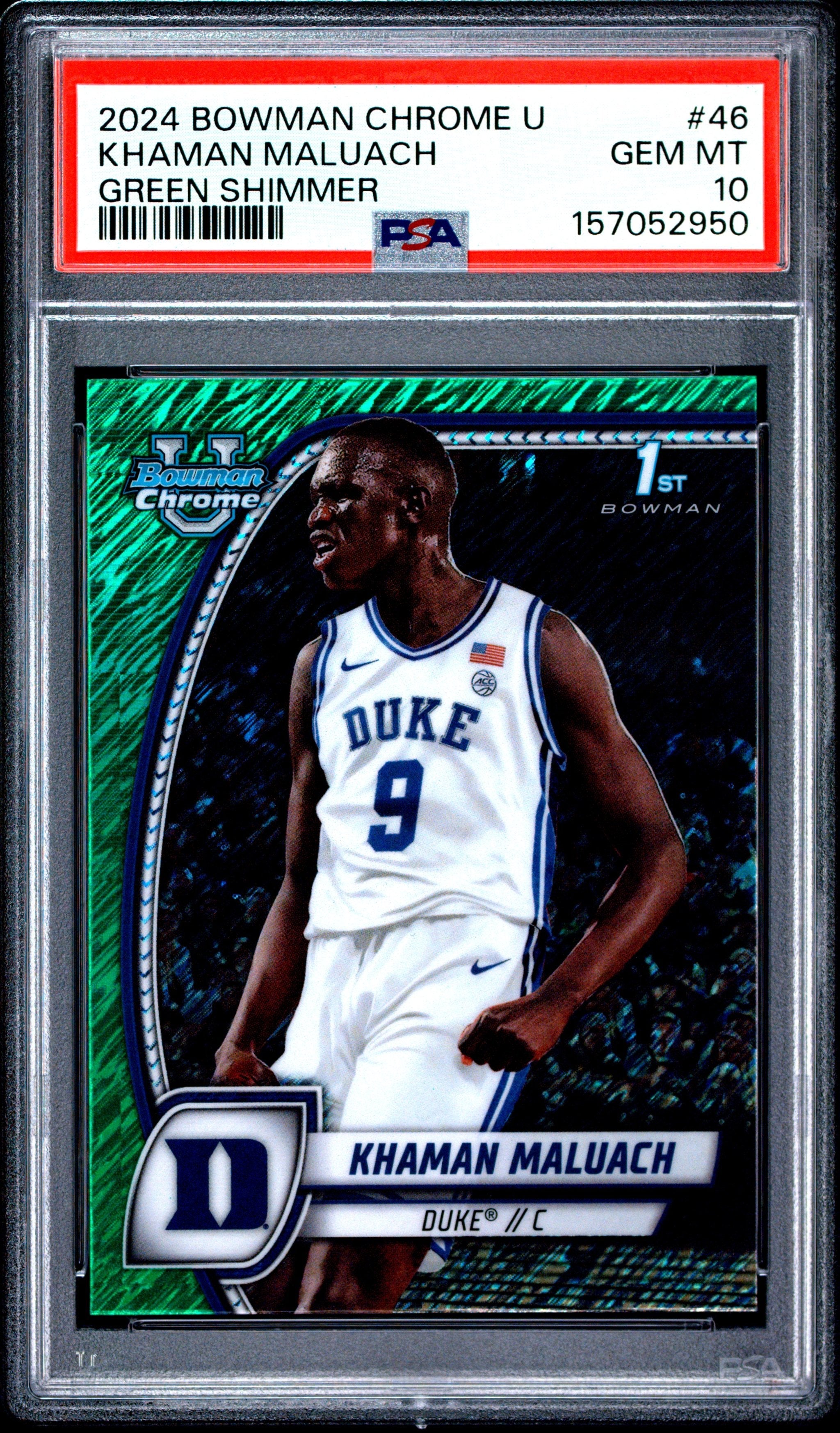 Graded 2024 Bowman University Chrome Khaman Maluach #46 Green Shimmer Refractor Rookie RC Basketball Card PSA 10 Gem Mint