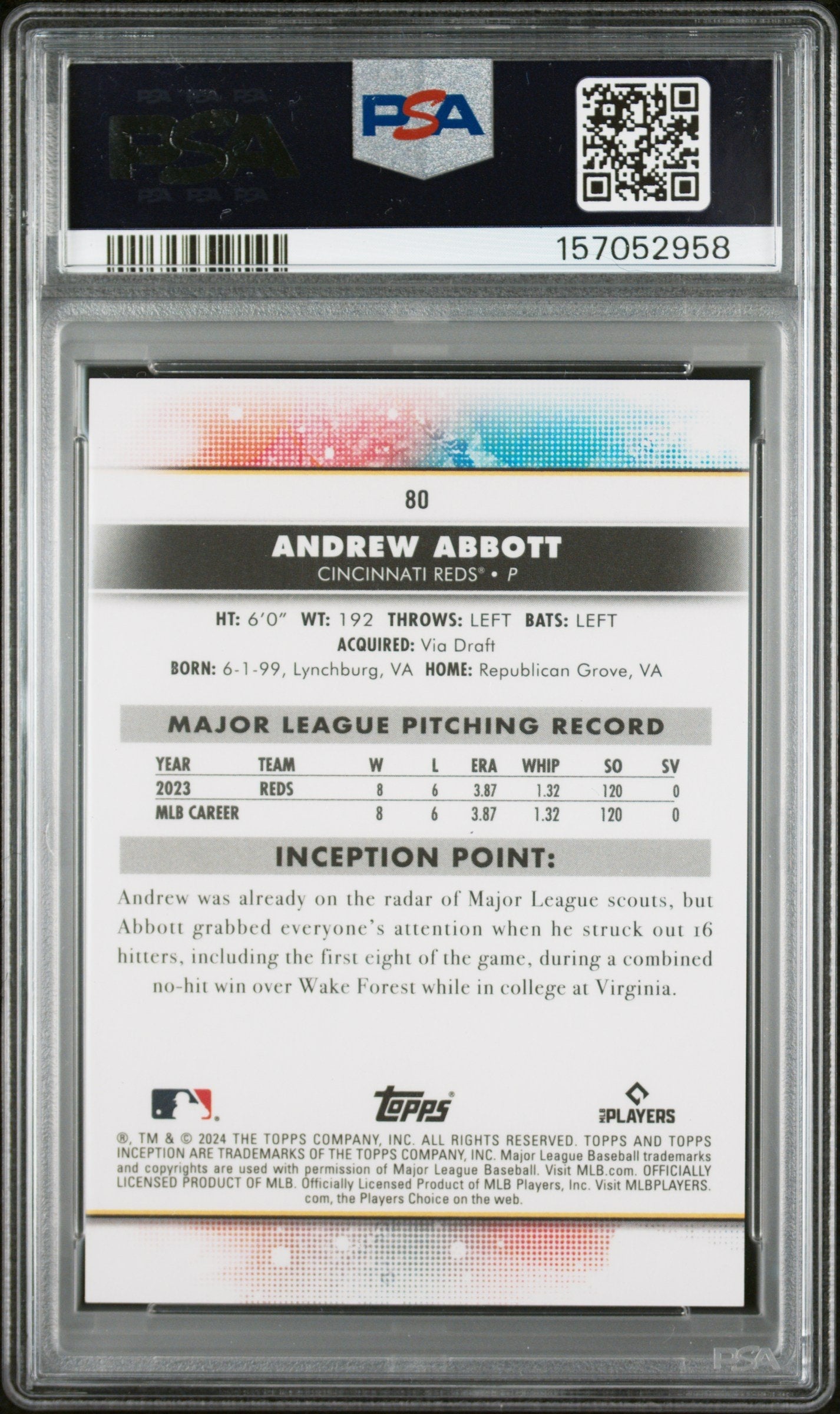 Graded 2024 Topps Inception Andrew Abbott #80 Rookie RC Baseball Card PSA 10 Gem Mint