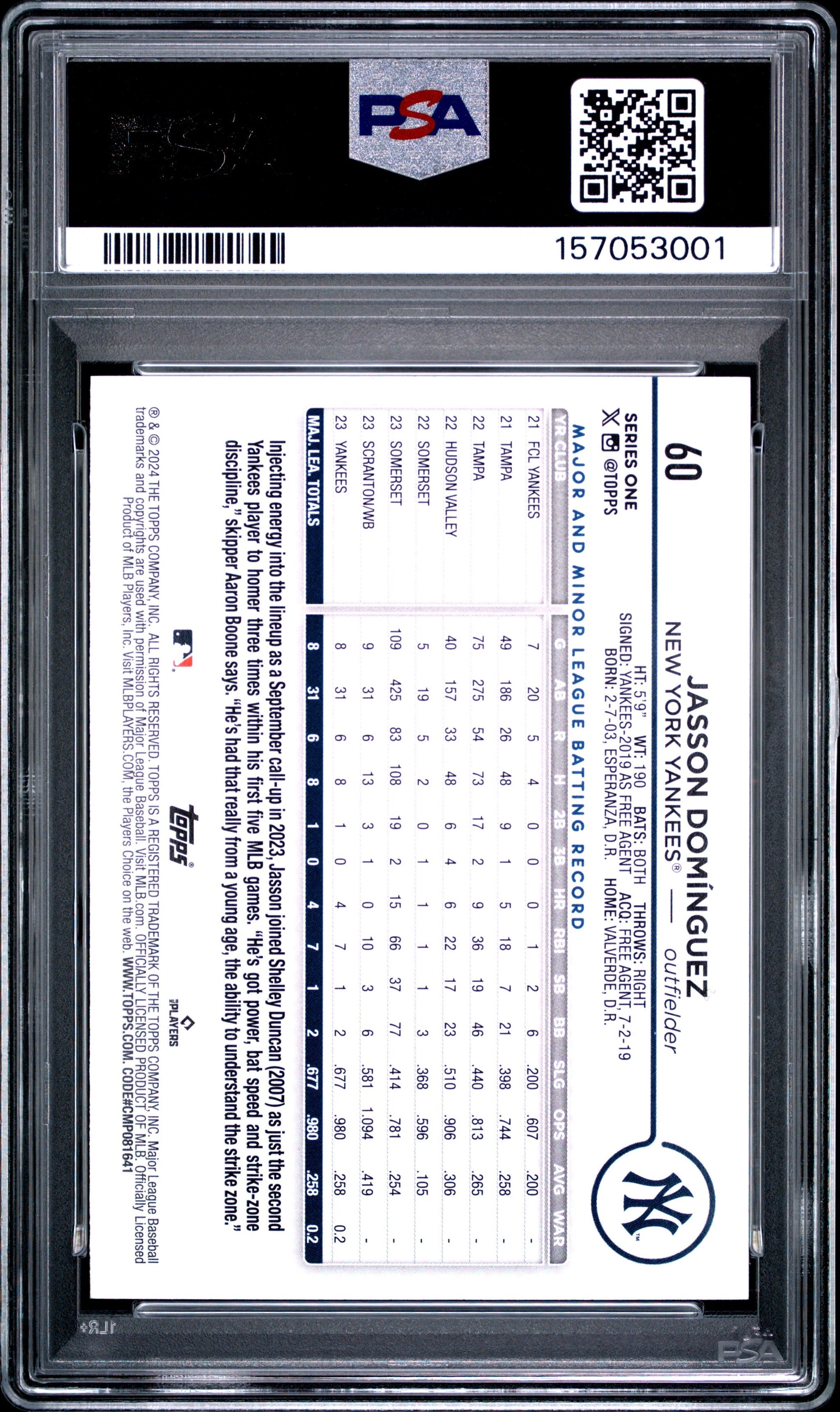Graded 2024 Topps Jasson Dominguez #60 Holiday Rookie RC Baseball Card PSA 9 Mint