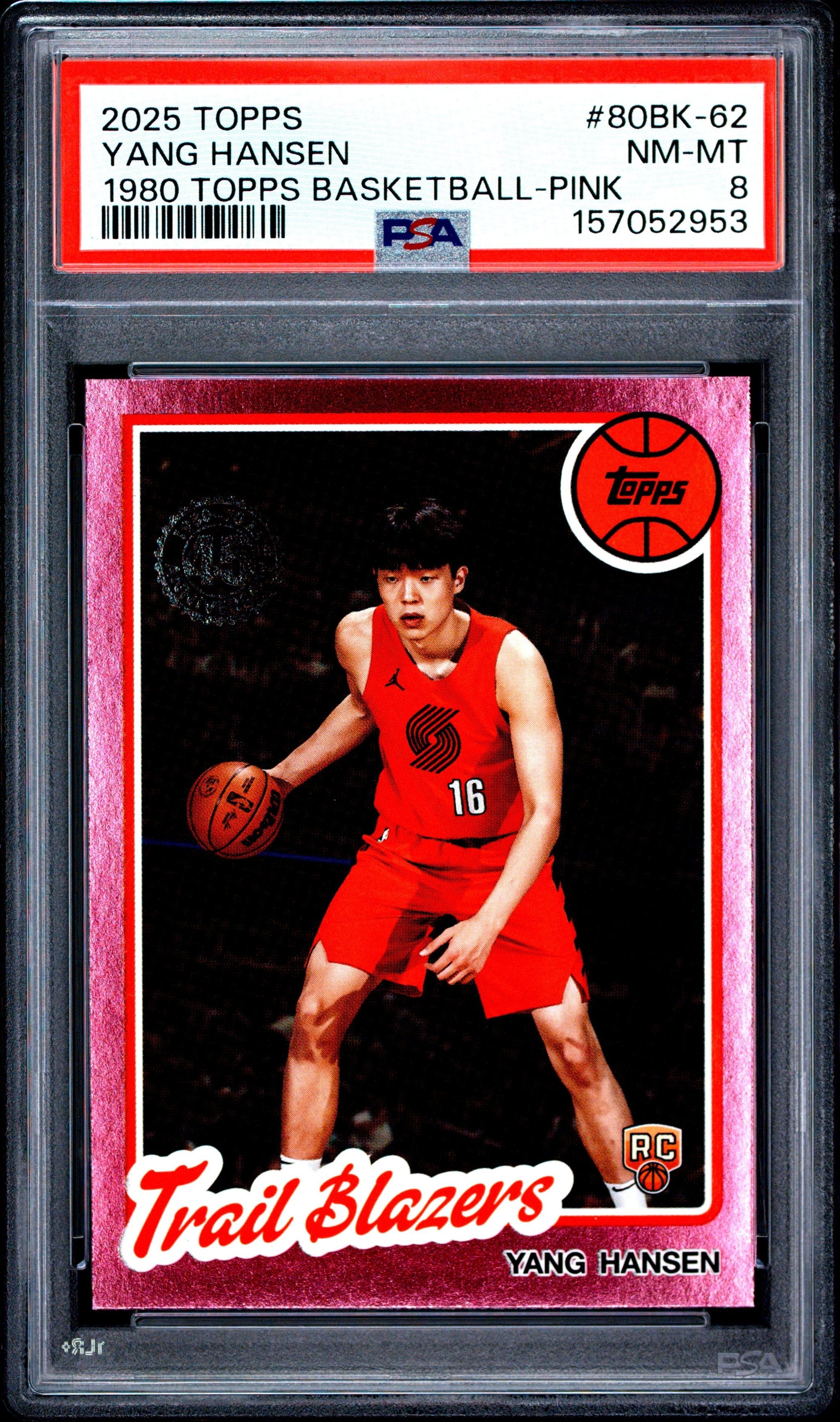 Graded 2025 Topps Yang Hansen #80BK-62 1980-81 Topps Basketball Pink Holo Foil Rookie RC Basketball Card PSA 8 Near Mint