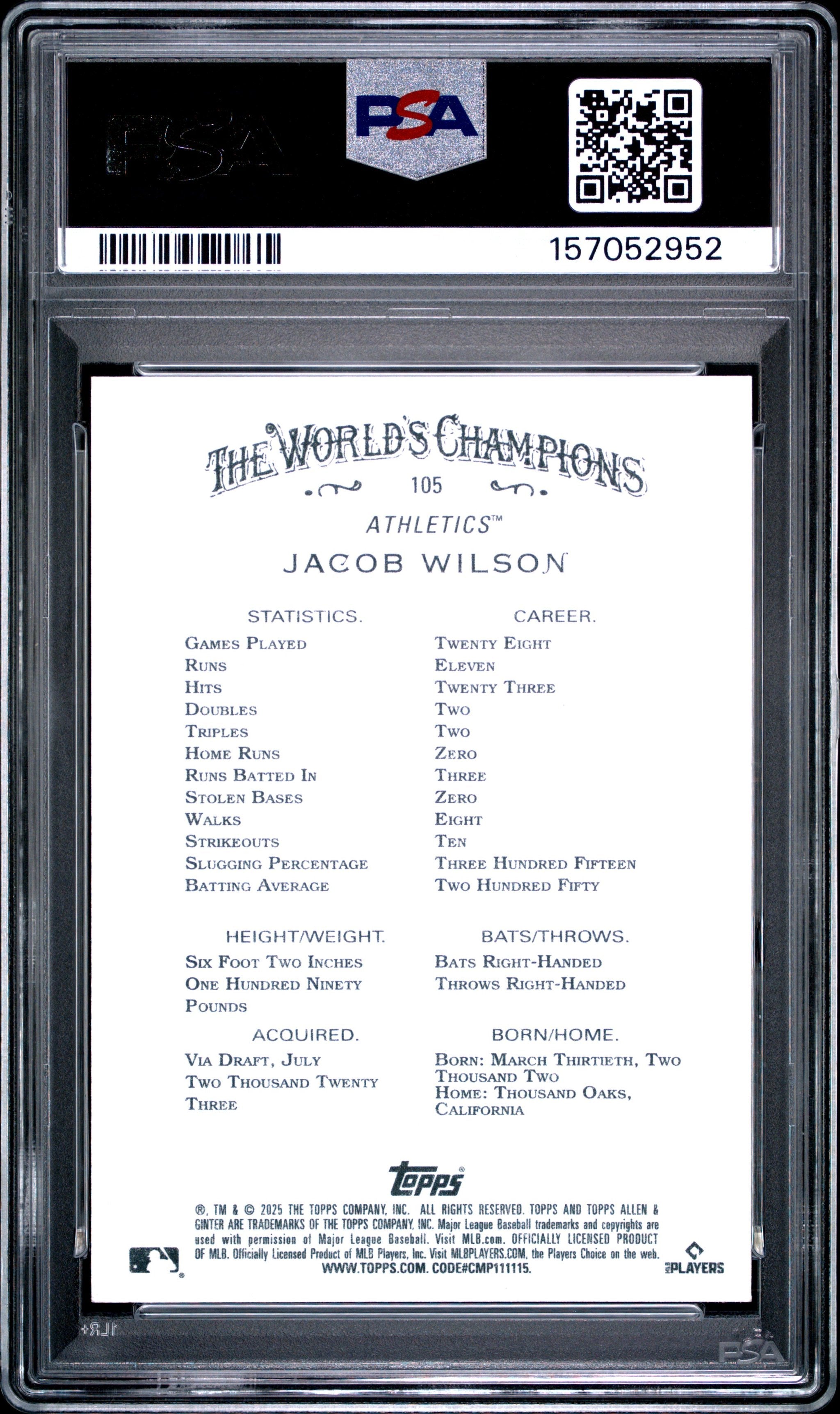 Graded 2025 Topps Allen & Ginter Jacob Wilson #105 Rookie RC Baseball Card PSA 10 Gem Mint