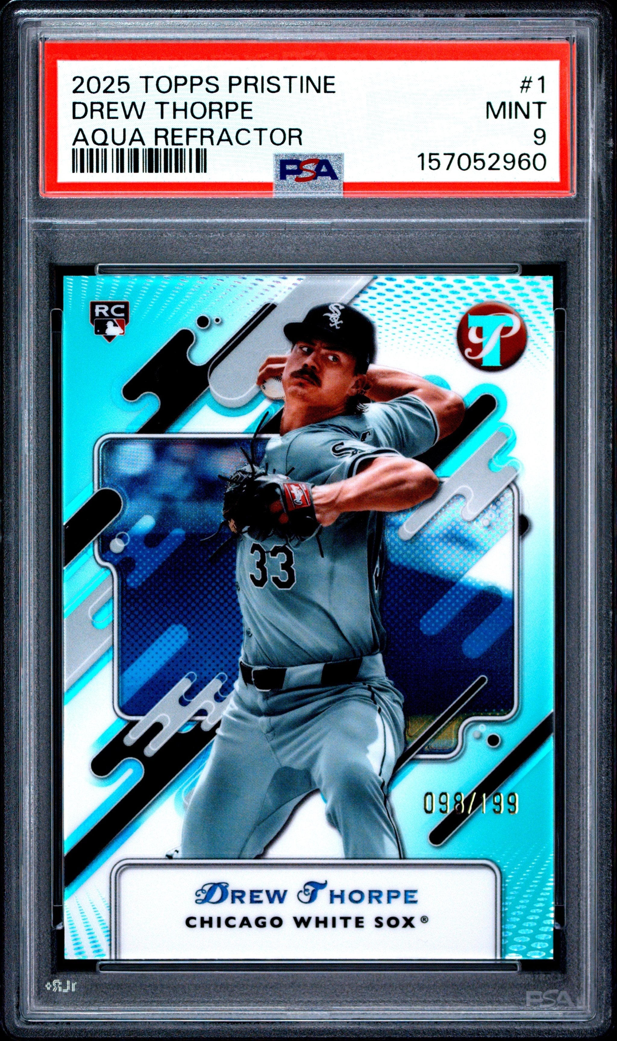 Graded 2025 Topps Pristine Drew Thorpe #1 Aqua Refractor /199 Rookie RC Baseball Card PSA 9 Mint