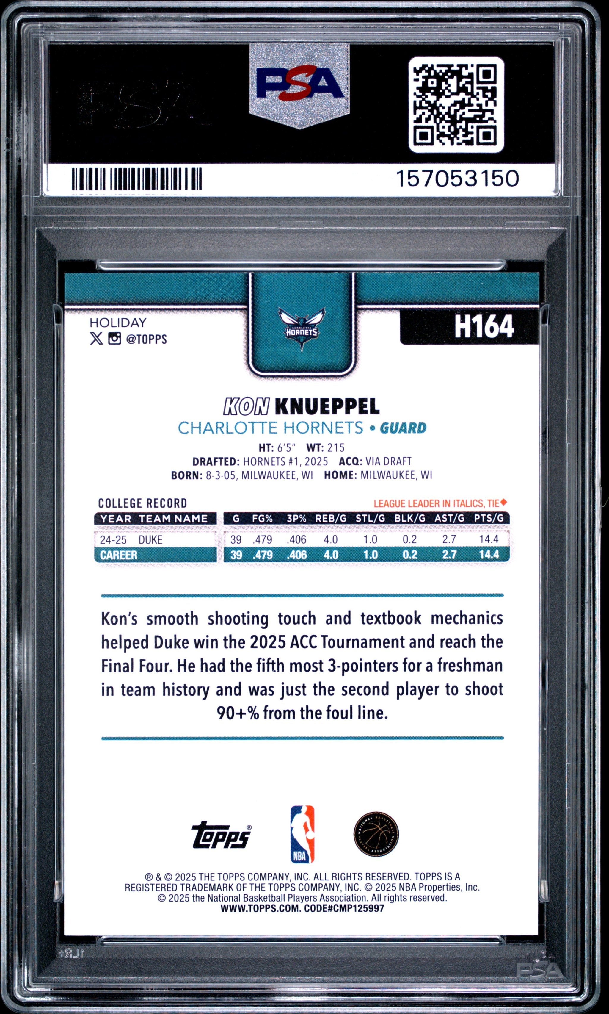Graded 2025 Topps Holiday Kon Knueppel #H164 Rookie RC Basketball Card PSA 9 Mint