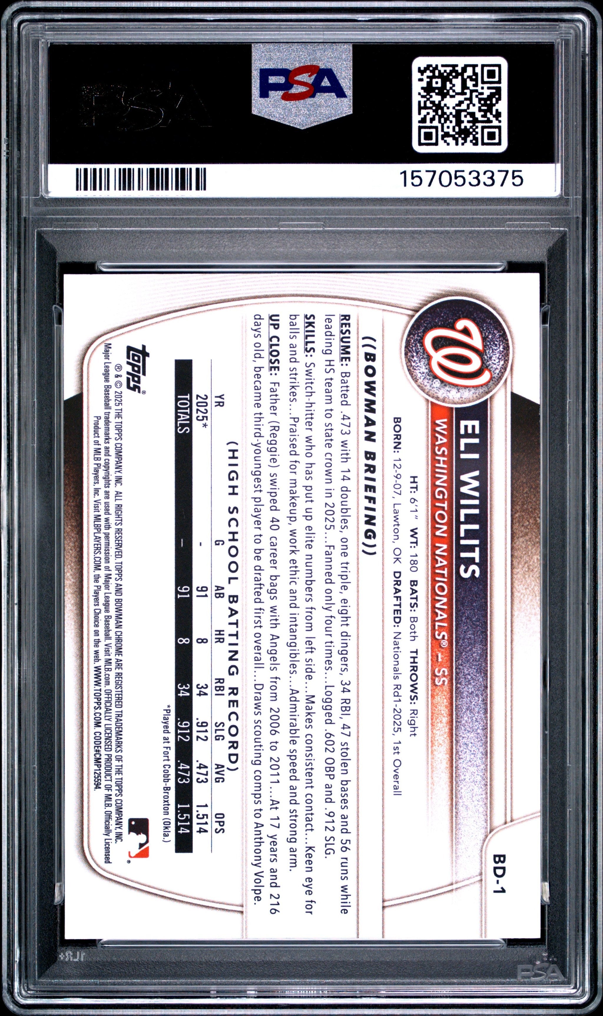 Graded 2025 Topps Bowman Draft Eli Willits #BD1 Rookie RC Baseball Card PSA 9 Mint