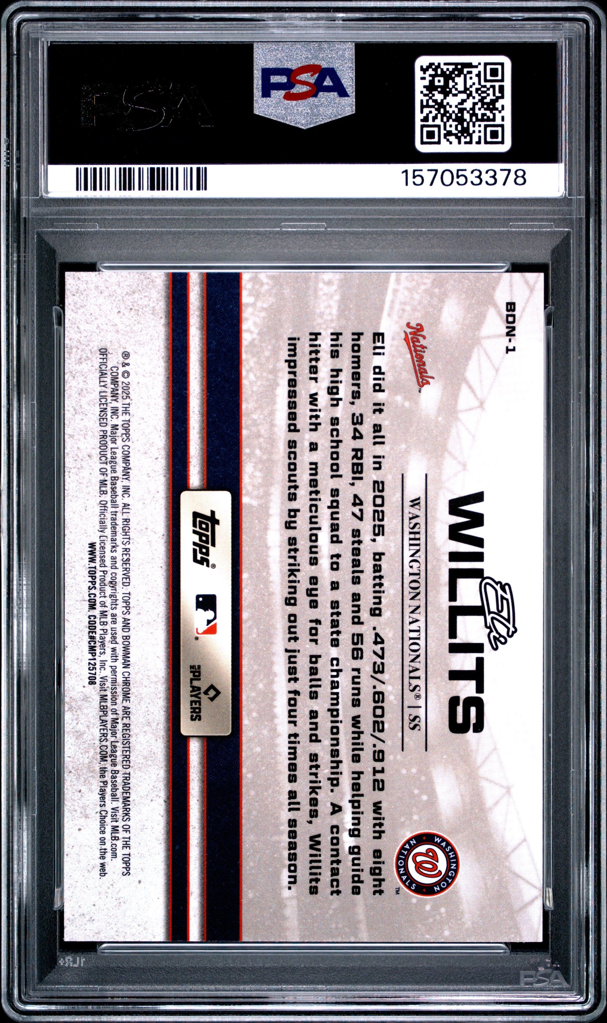 Graded 2025 Topps Bowman Draft Eli Willits #BDN1 Draft Night Rookie RC Baseball Card PSA 9 Mint