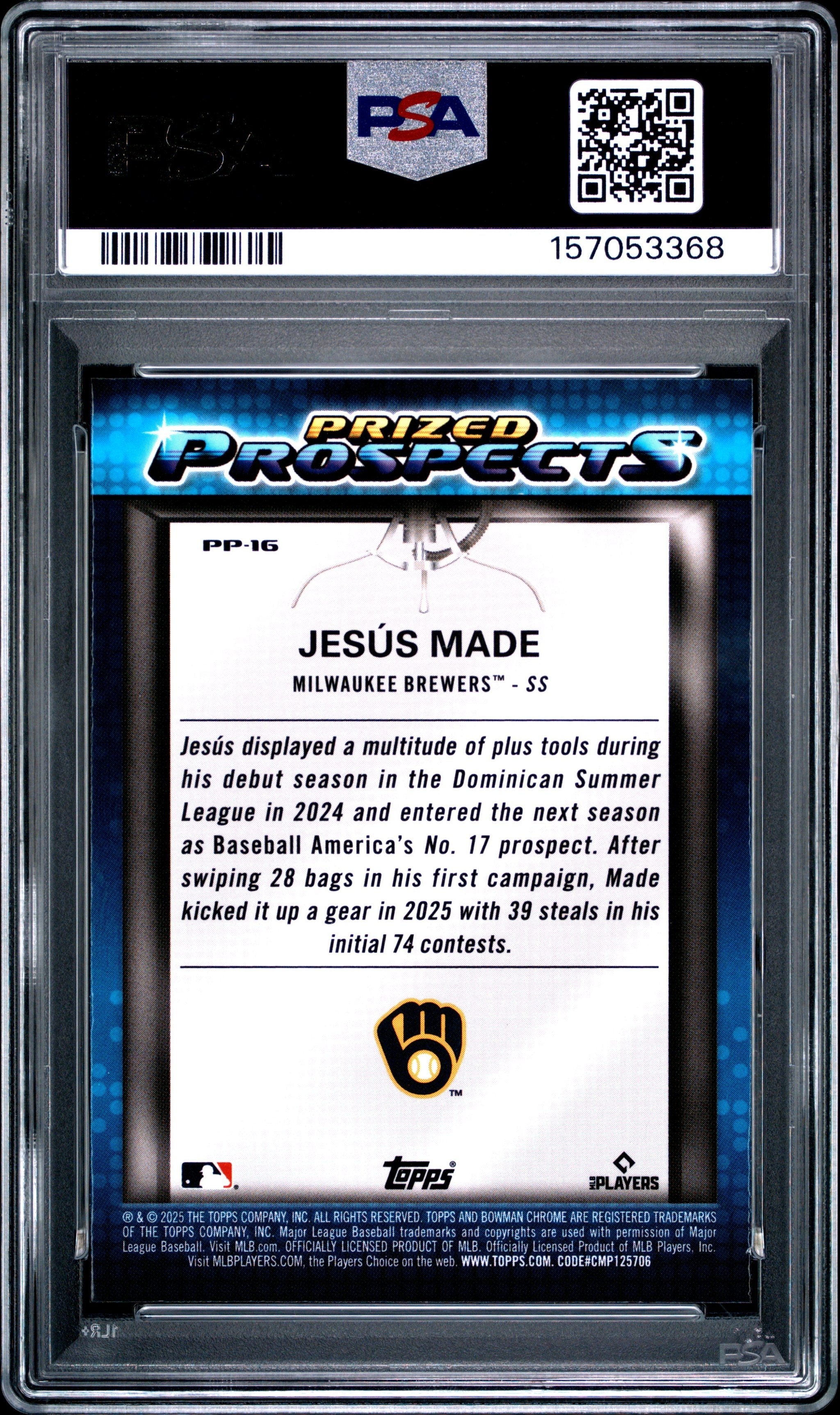 Graded 2025 Topps Bowman Draft Jesus Made #PP16 Prized Prospects Rookie RC Baseball Card PSA 9 Mint