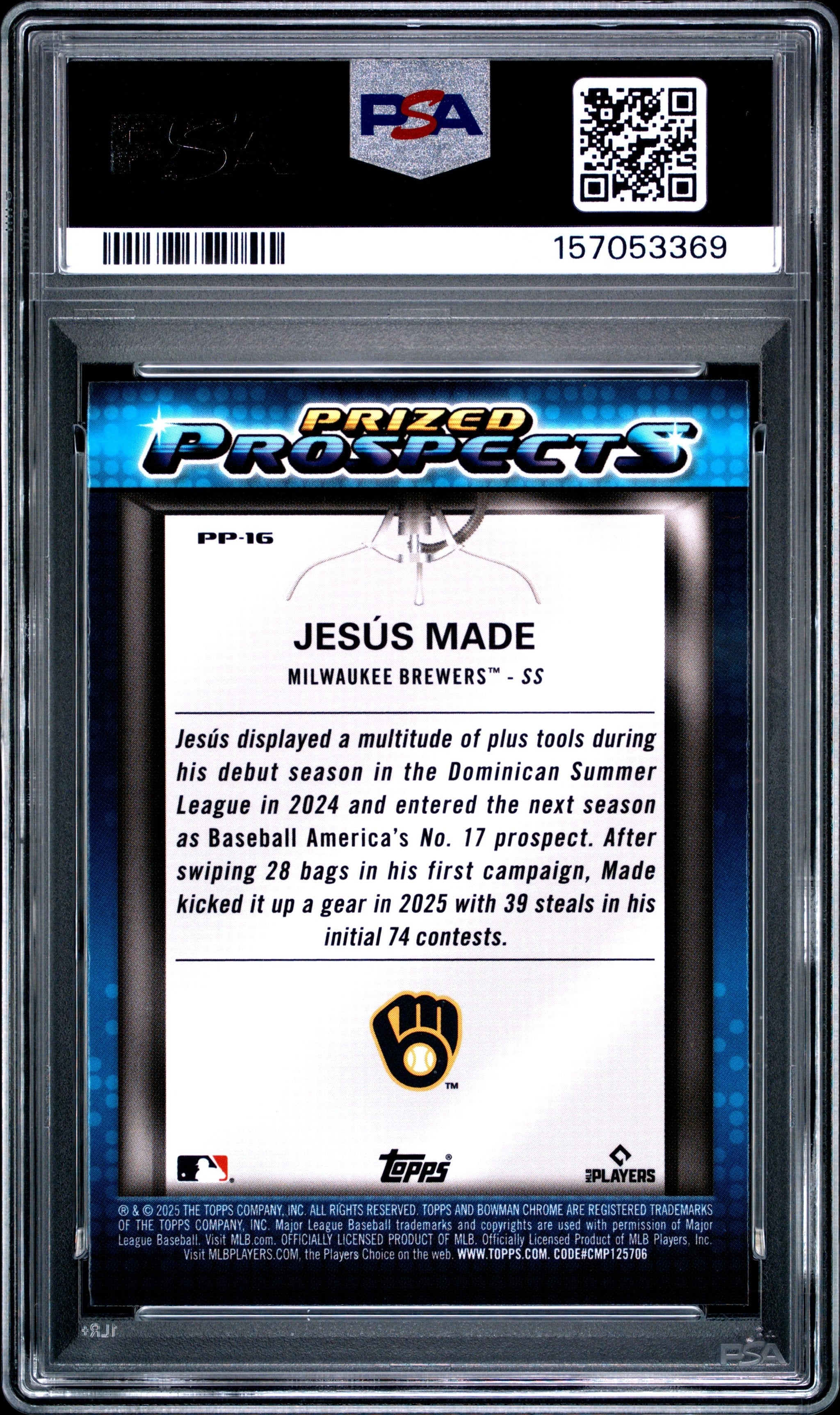 Graded 2025 Topps Bowman Draft Jesus Made #PP16 Prized Prospects Rookie RC Baseball Card PSA 10 Gem Mint