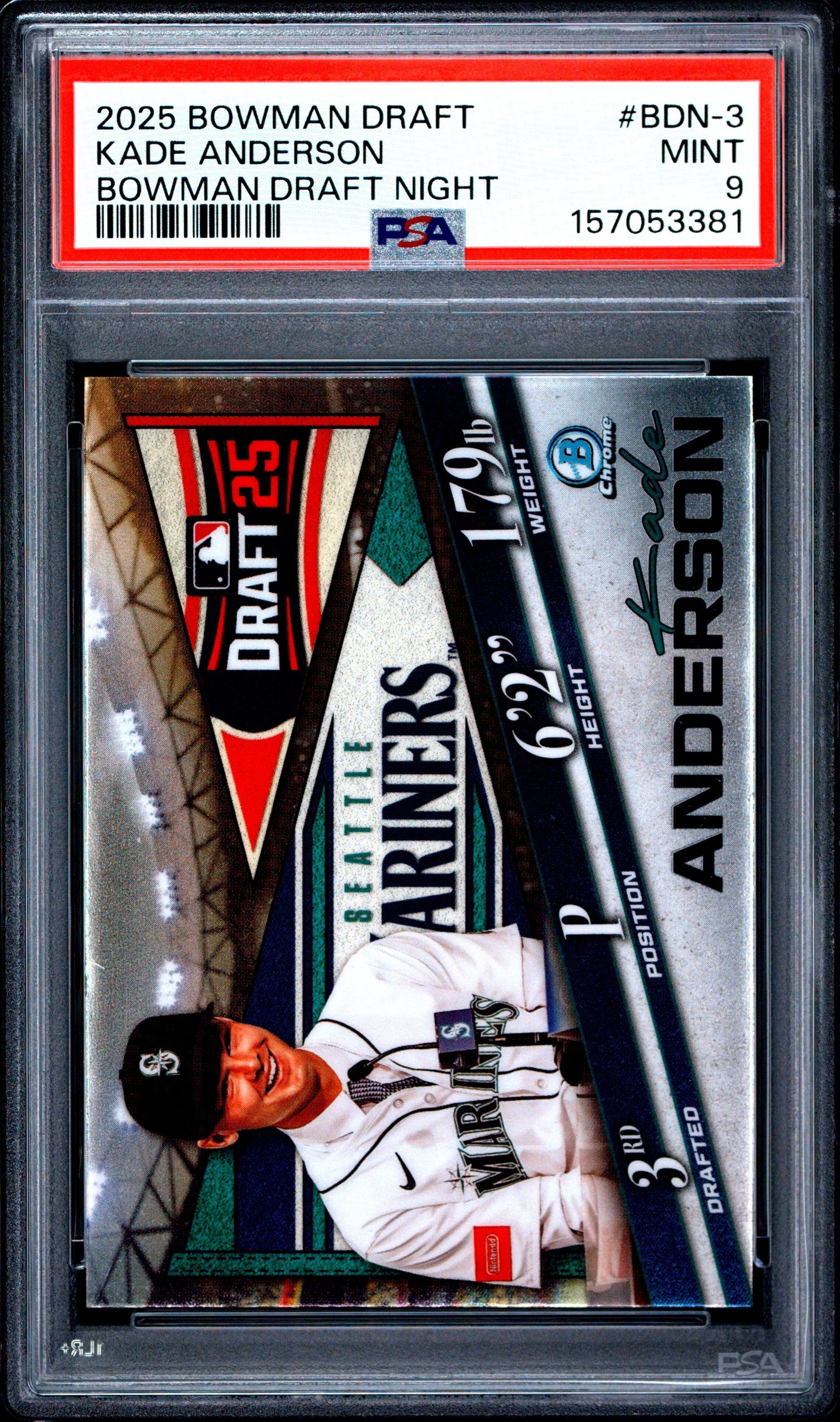 Graded 2025 Topps Bowman Draft Kade Anderson #BDN3 Draft Night Rookie RC Baseball Card PSA 9 Mint