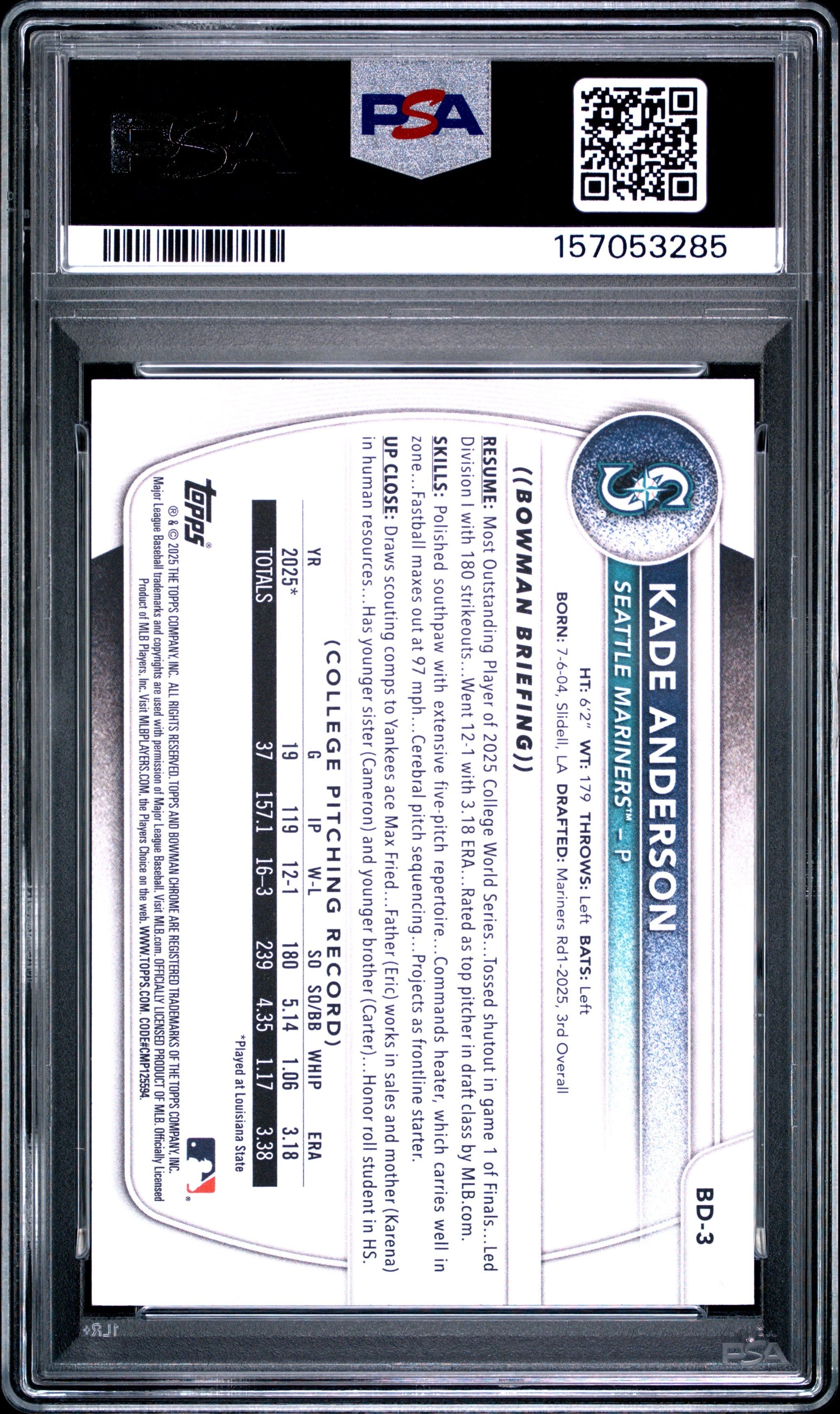 Graded 2025 Topps Bowman Draft Kade Anderson #BD3 Rookie RC Baseball Card PSA 10 Gem Mint
