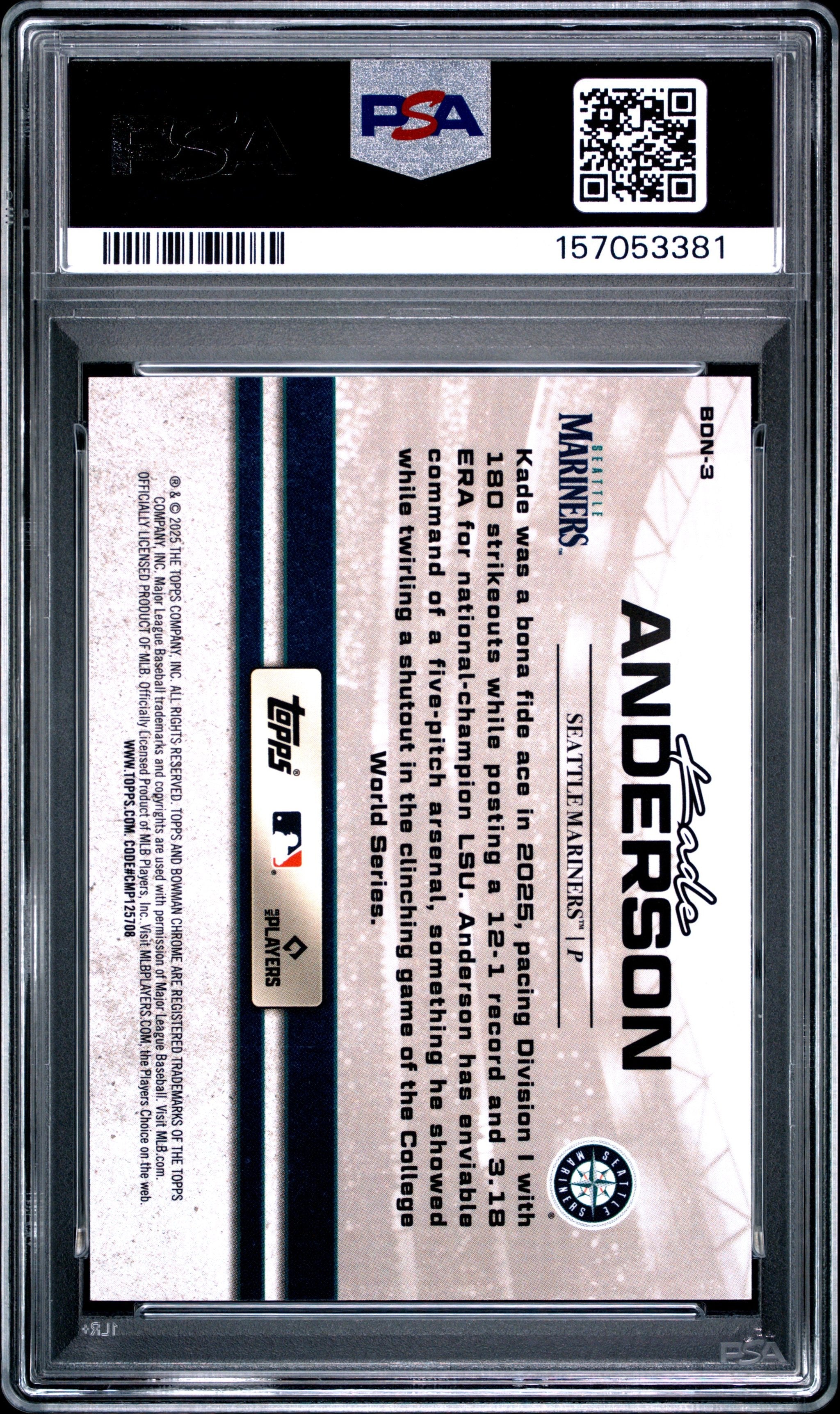 Graded 2025 Topps Bowman Draft Kade Anderson #BDN3 Draft Night Rookie RC Baseball Card PSA 9 Mint