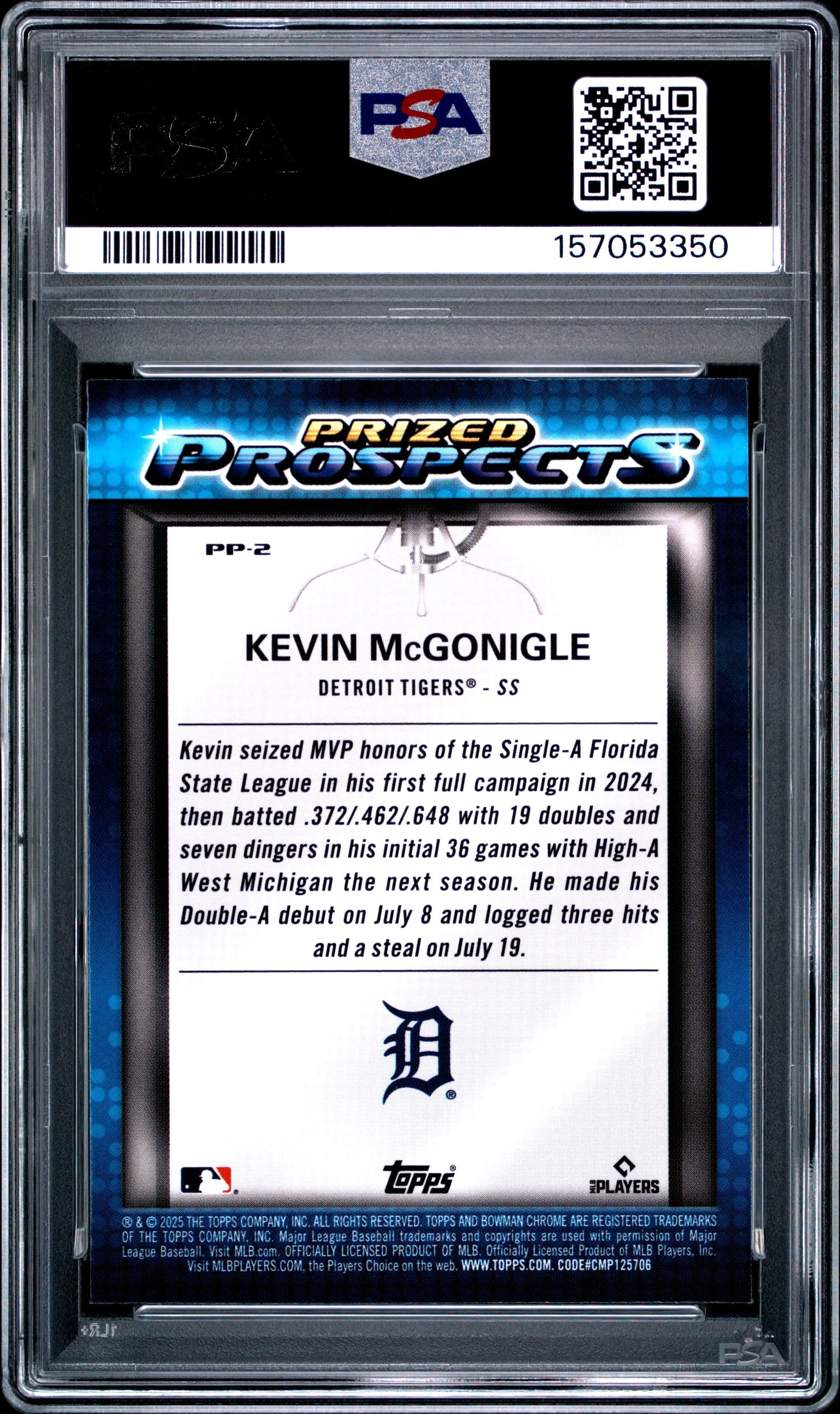Graded 2025 Topps Bowman Draft Kevin McGonigle #PP2 Prized Prospects Rookie RC Baseball Card PSA 10 Gem Mint