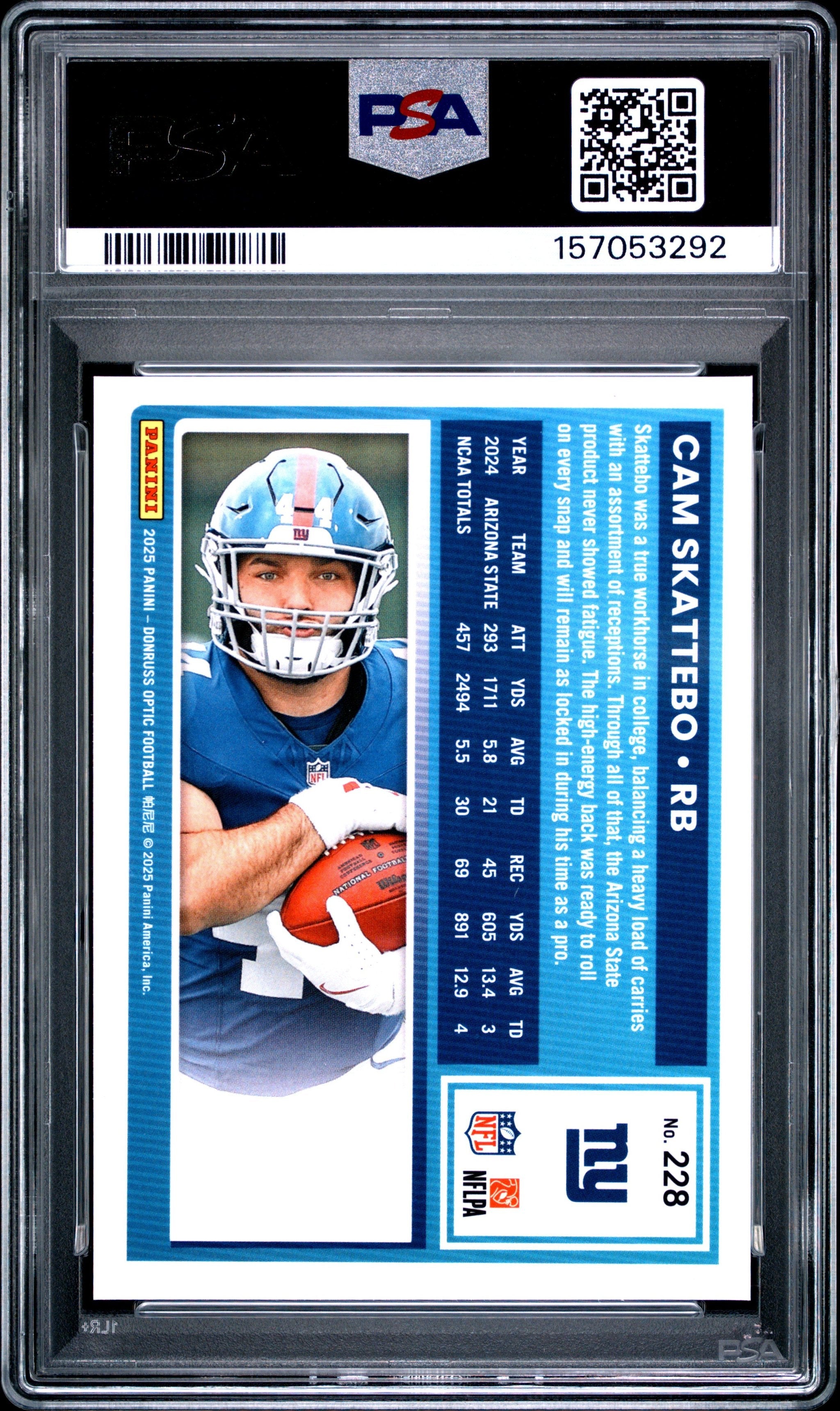 Graded 2025 Panini Donruss Optic Cam Skattebo #228 Rookie RC Football Card PSA 10 Gem Mint