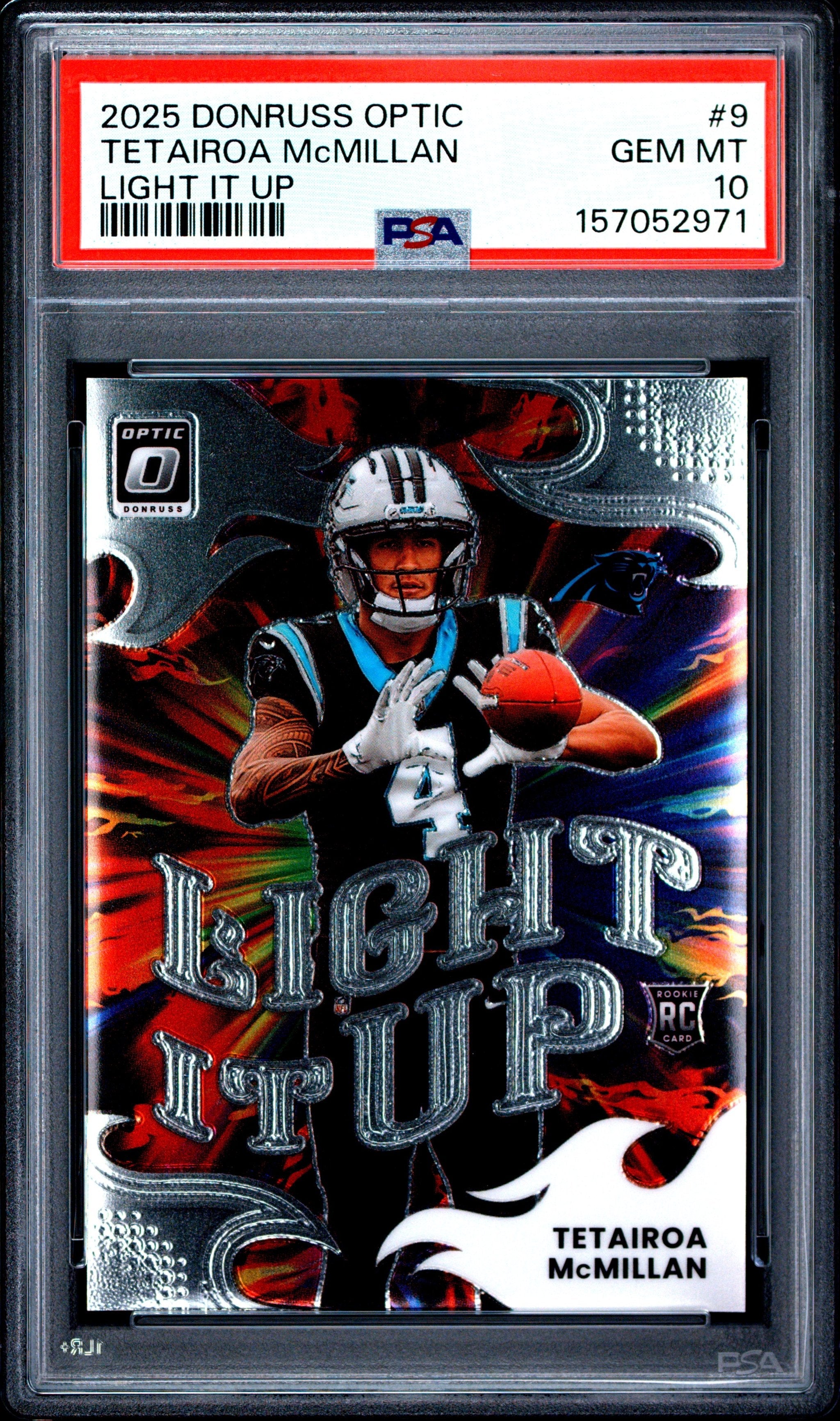 Graded 2025 Panini Donruss Optic Tetairoa McMillan #9 Light It Up Rookie RC Football Card PSA 10 Gem Mint