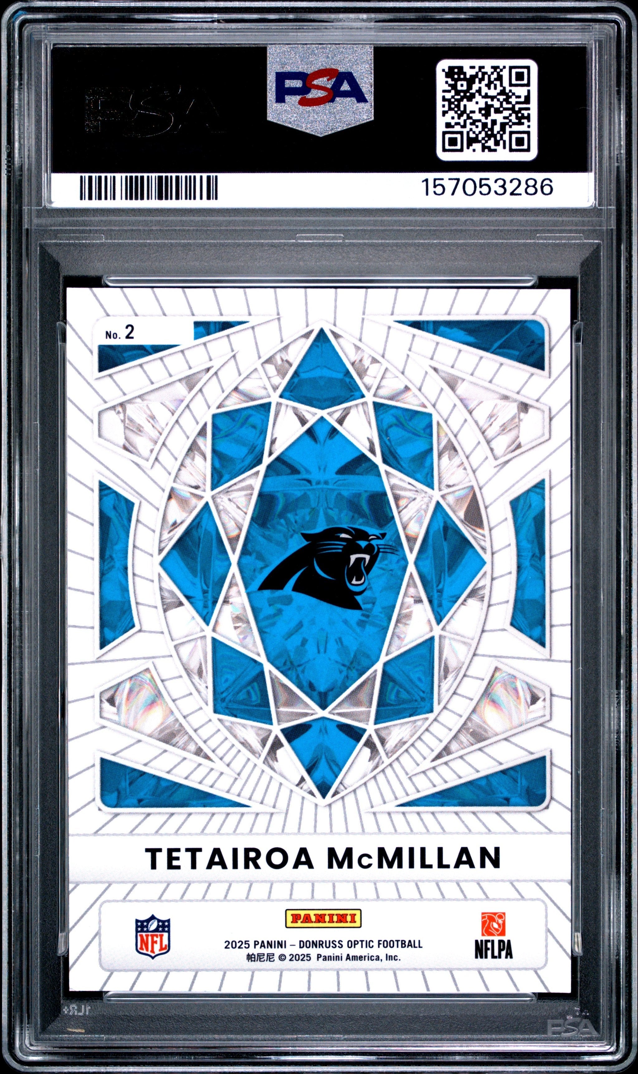 Graded 2025 Panini Donruss Optic Tetairoa McMillan #2 Diamond Hands Rookie RC Football Card PSA 10 Gem Mint