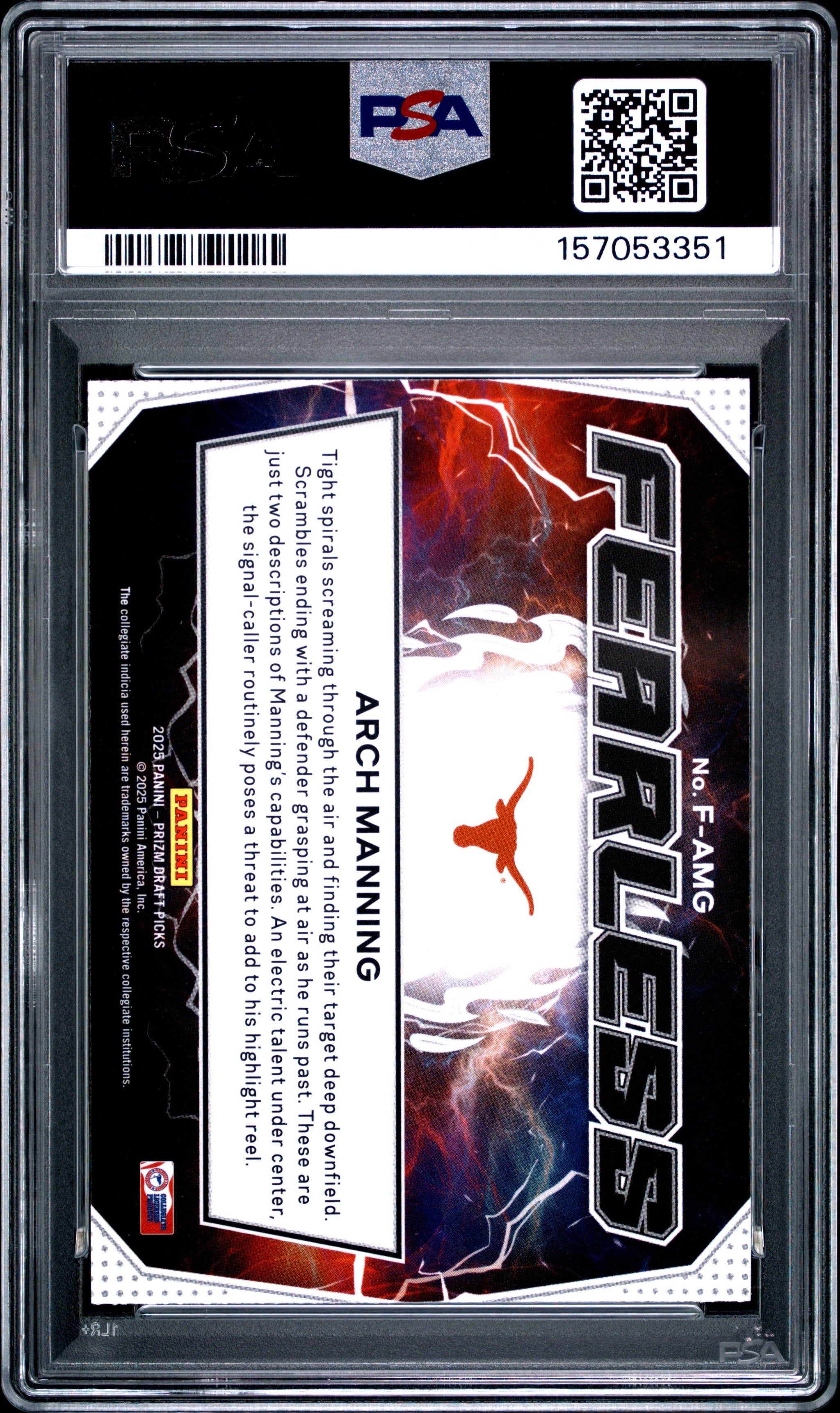 Graded 2025 Panini Prizm Draft Picks Arch Manning #FAMG Fearless Rookie RC Football Card PSA 10 Gem Mint