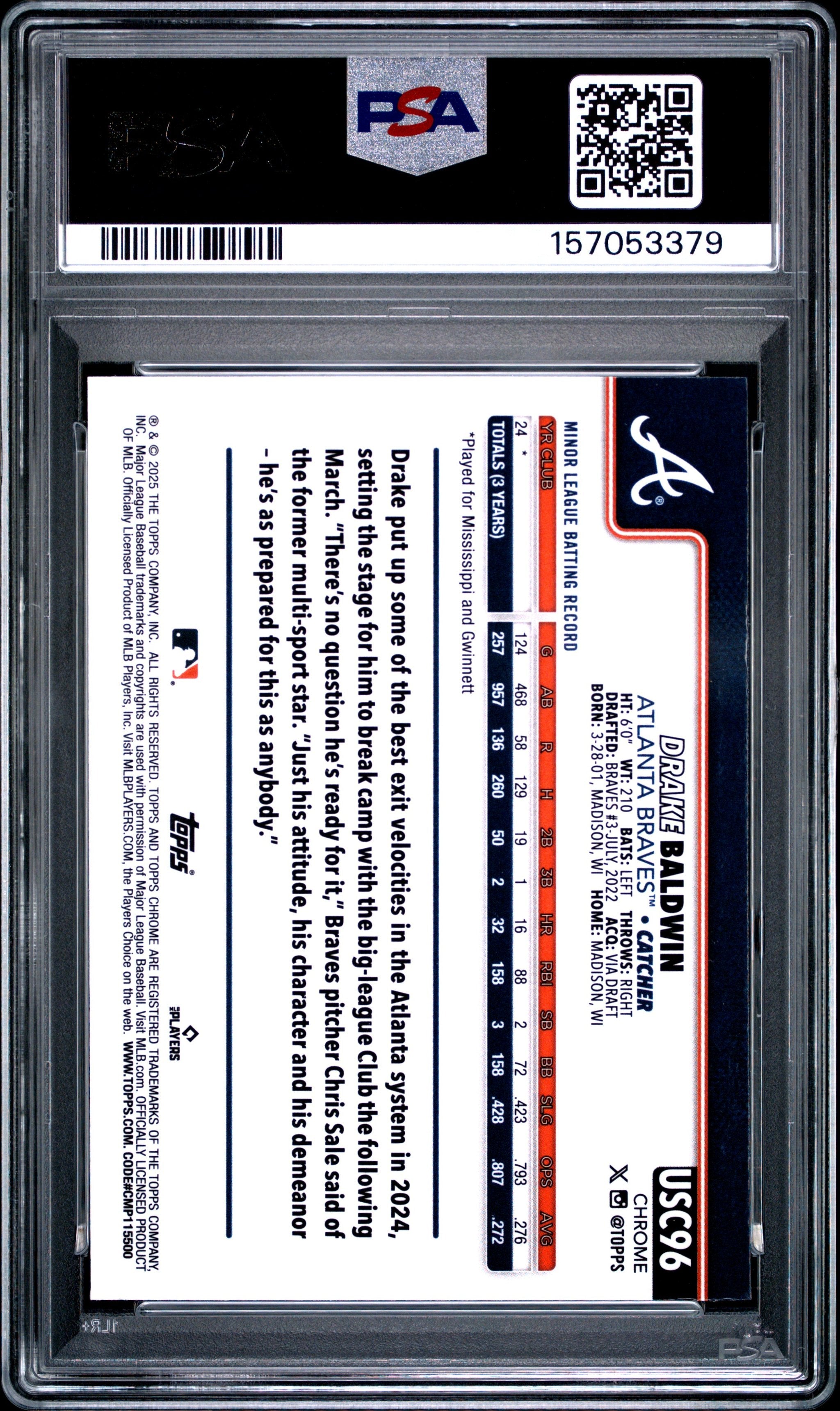 Graded 2025 Topps Chrome Update Drake Baldwin #USC96 Rookie RC Baseball Card PSA 10 Gem Mint