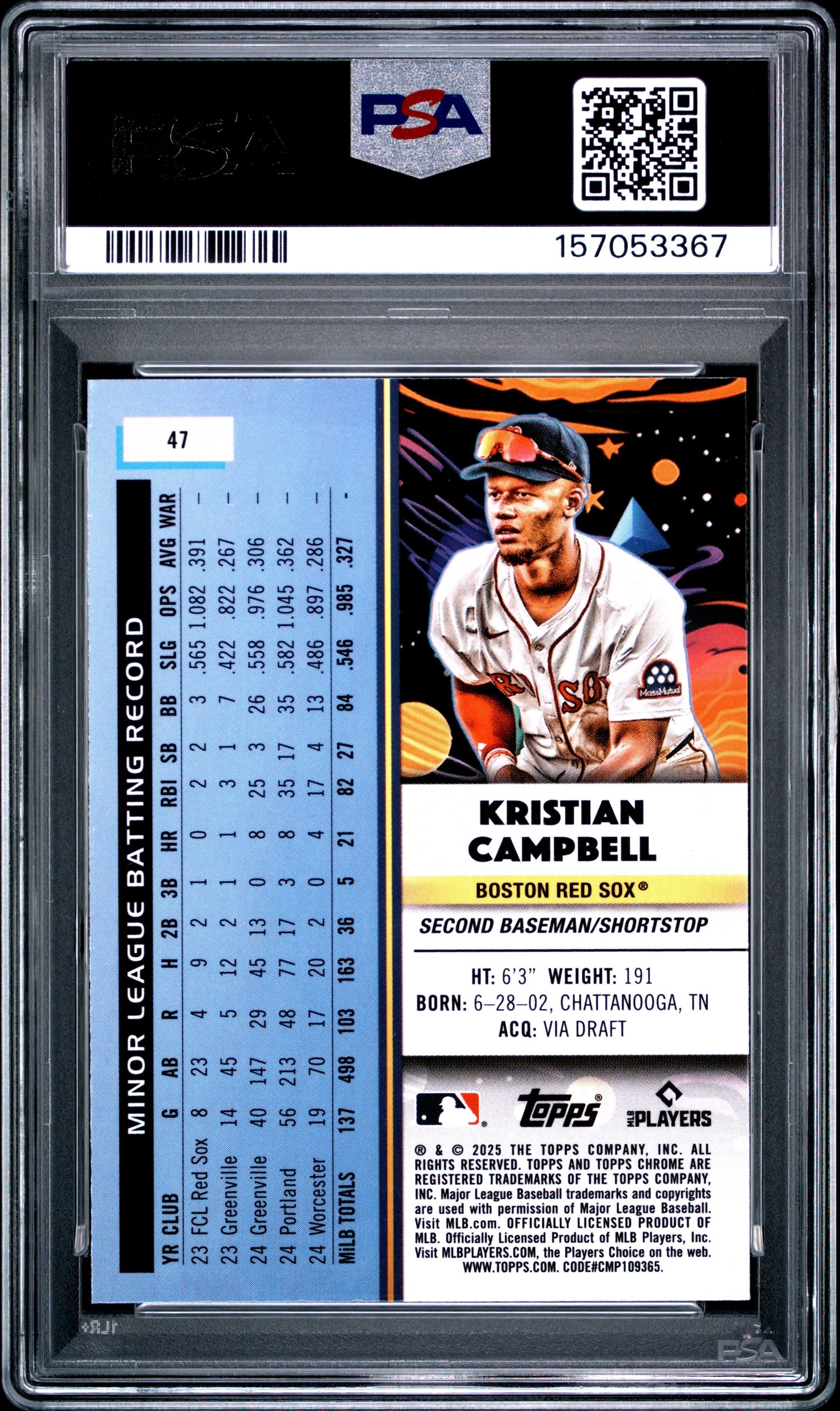 Graded 2025 Topps Chrome Cosmic Kristian Campbell #47 Rookie RC Baseball Card PSA 10 Gem Mint