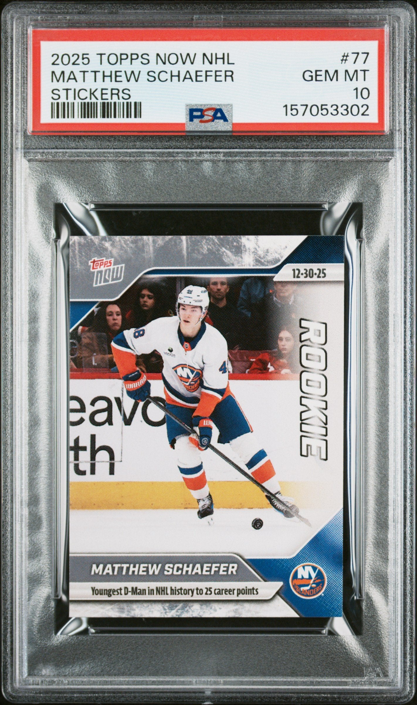 Graded 2025 Topps Now Matthew Schaefer #77 Rookie RC Hockey Card PSA 10 Gem Mint