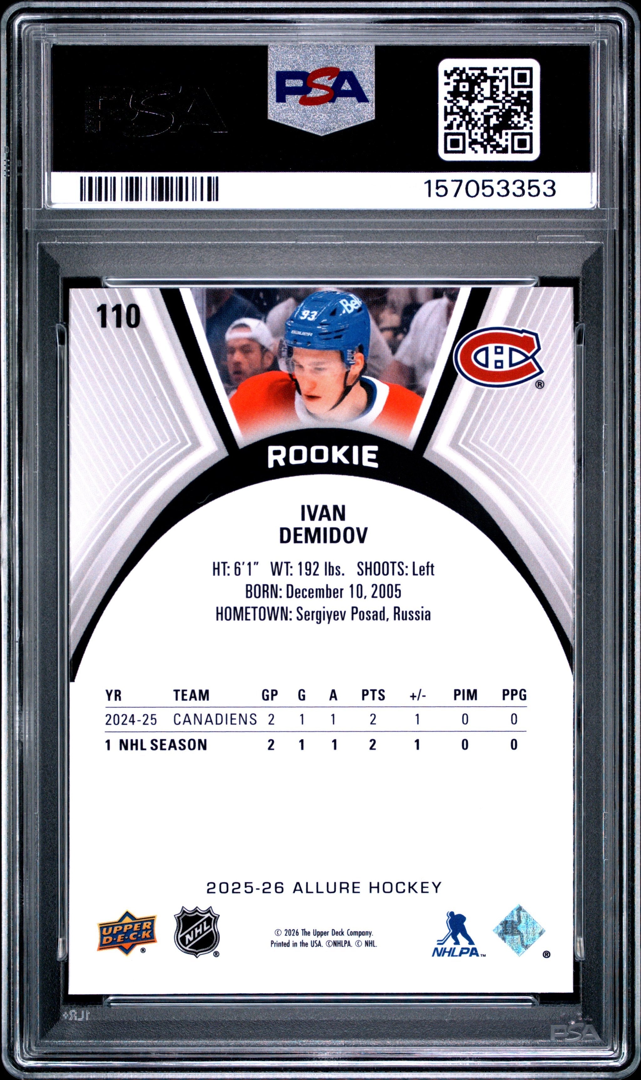 Graded 2025 Upper Deck Allure Ivan Demidov #110 Rookie RC Hockey Card PSA 10 Gem Mint