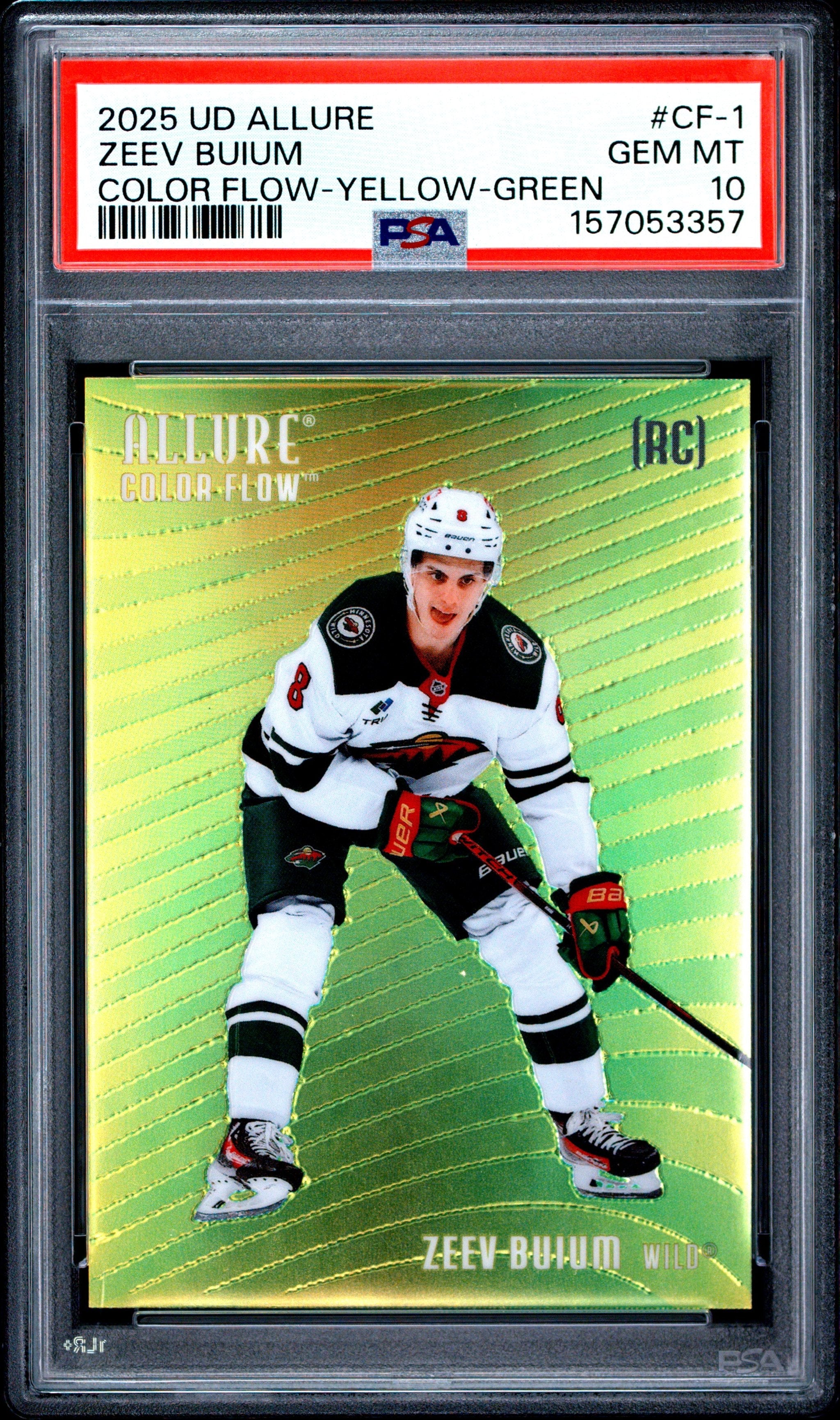 Graded 2025 Upper Deck Allure Zeev Buium #CF1 Color Flow Yellow-Green Rookie RC Hockey Card PSA 10 Gem Mint