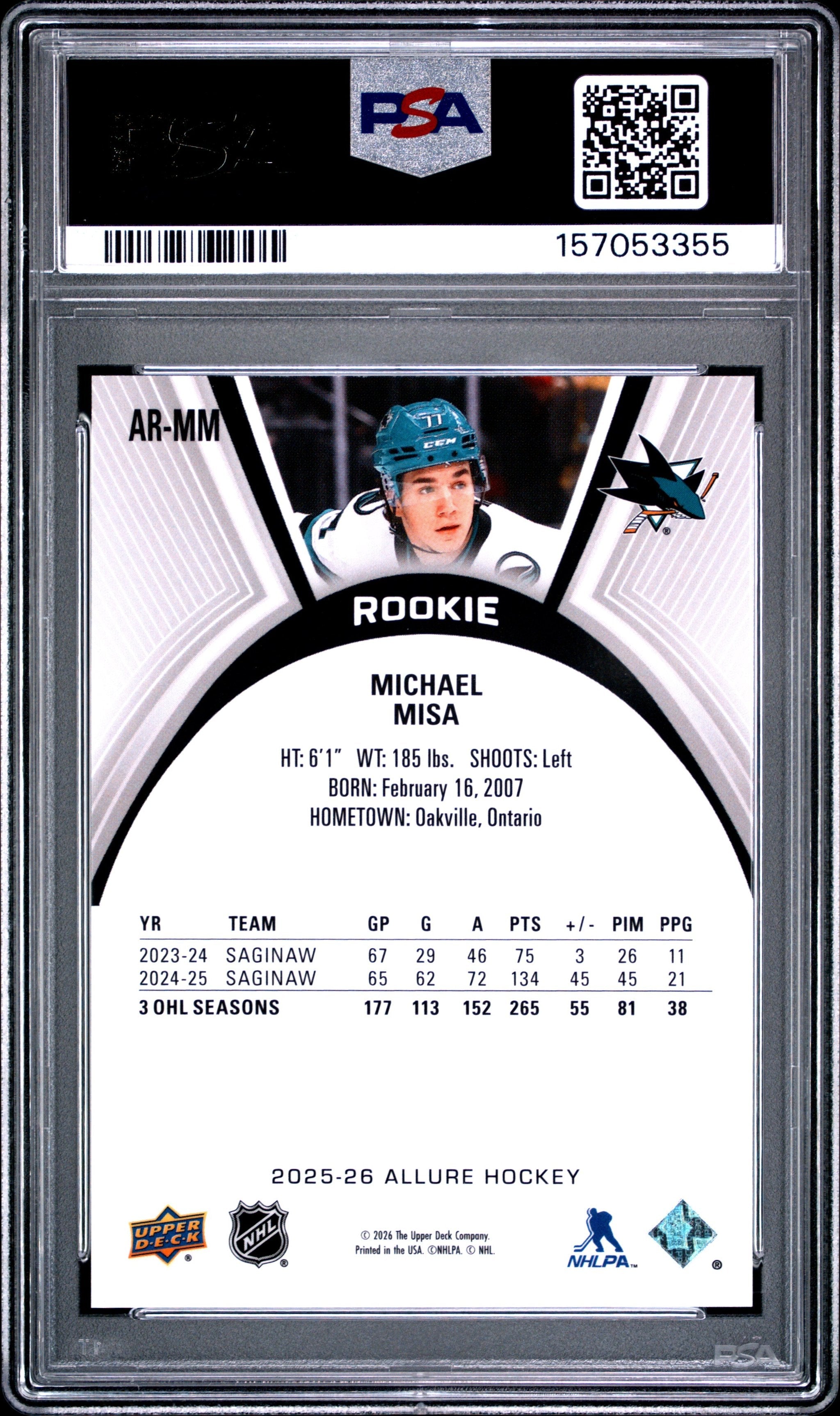 Graded 2025 Upper Deck Allure Michael Misa #ARMM Rookie RC Hockey Card PSA 10 Gem Mint