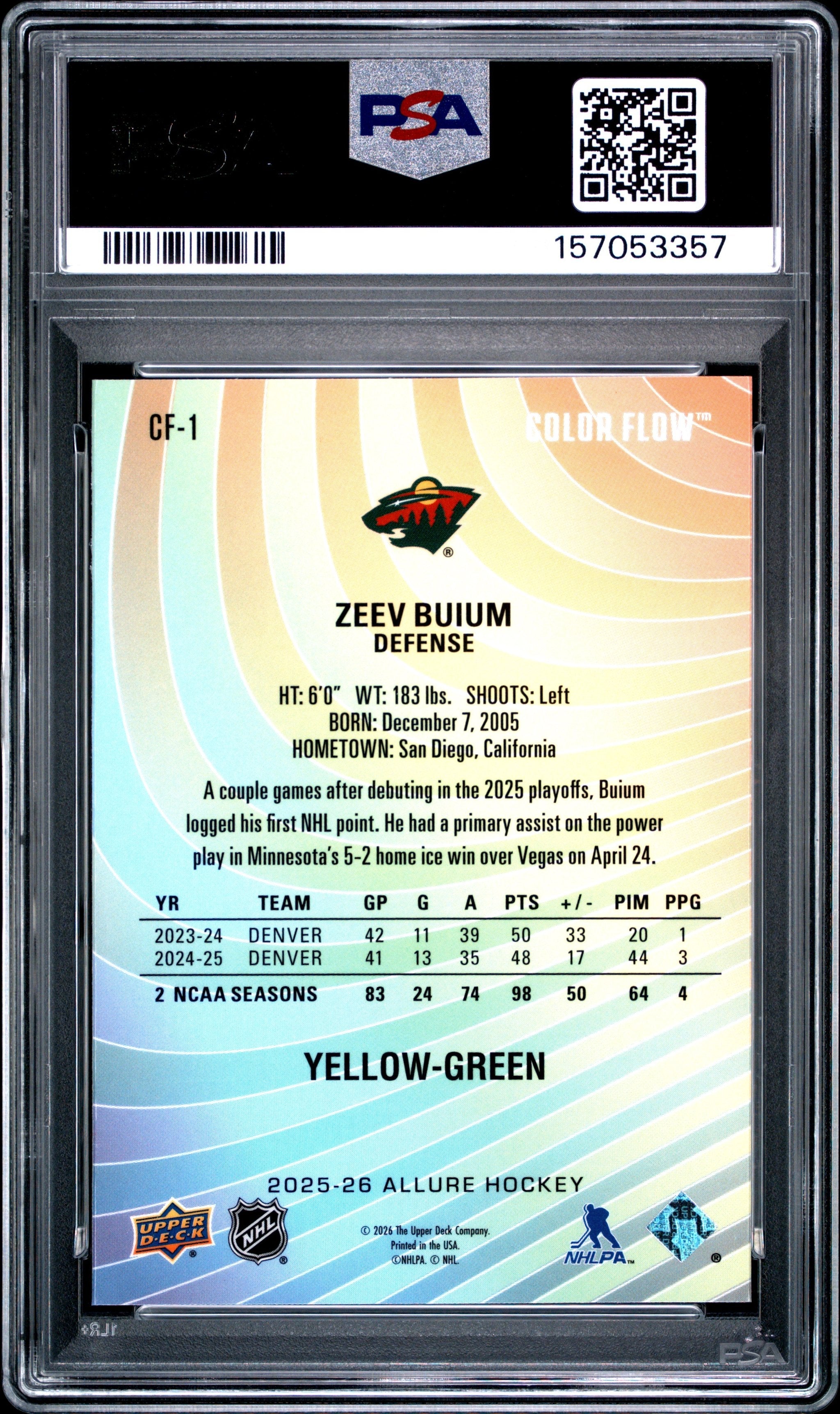 Graded 2025 Upper Deck Allure Zeev Buium #CF1 Color Flow Yellow-Green Rookie RC Hockey Card PSA 10 Gem Mint