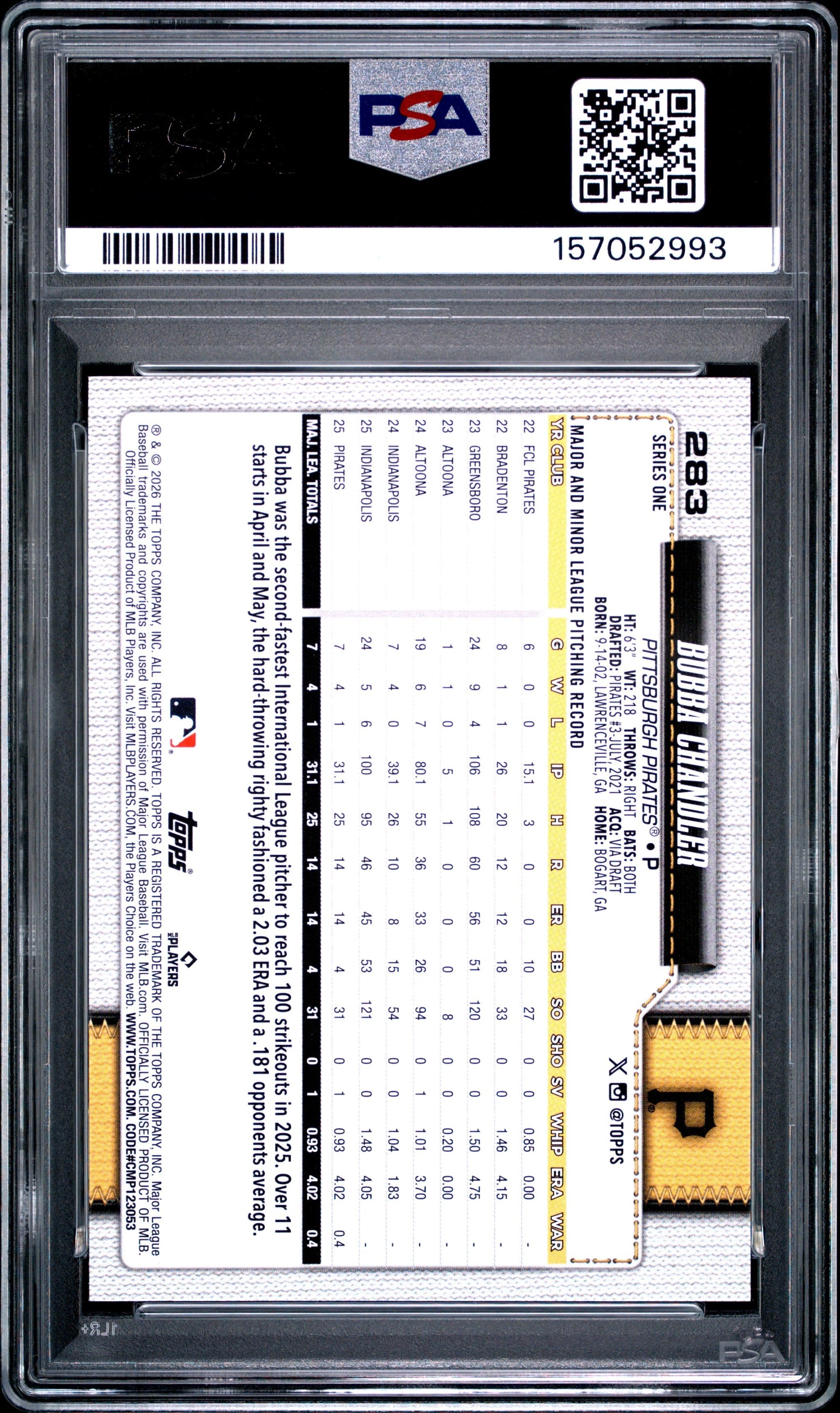 Graded 2026 Topps Bubba Chandler #283 Rookie RC Baseball Card PSA 10 Gem Mint