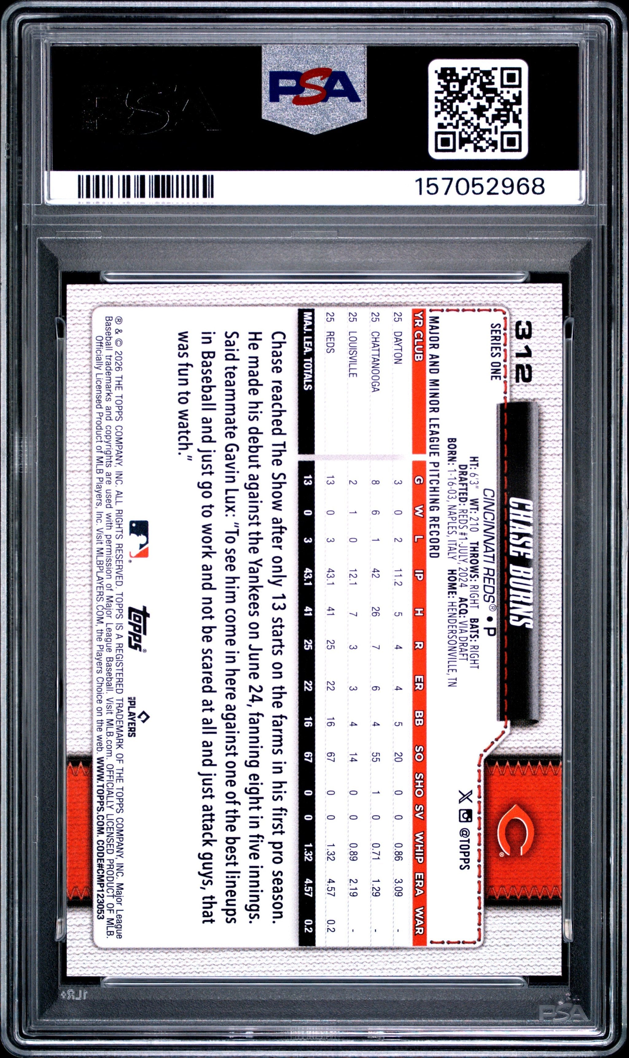 Graded 2026 Topps Chase Burns #312 Rookie RC Baseball Card PSA 9 Mint