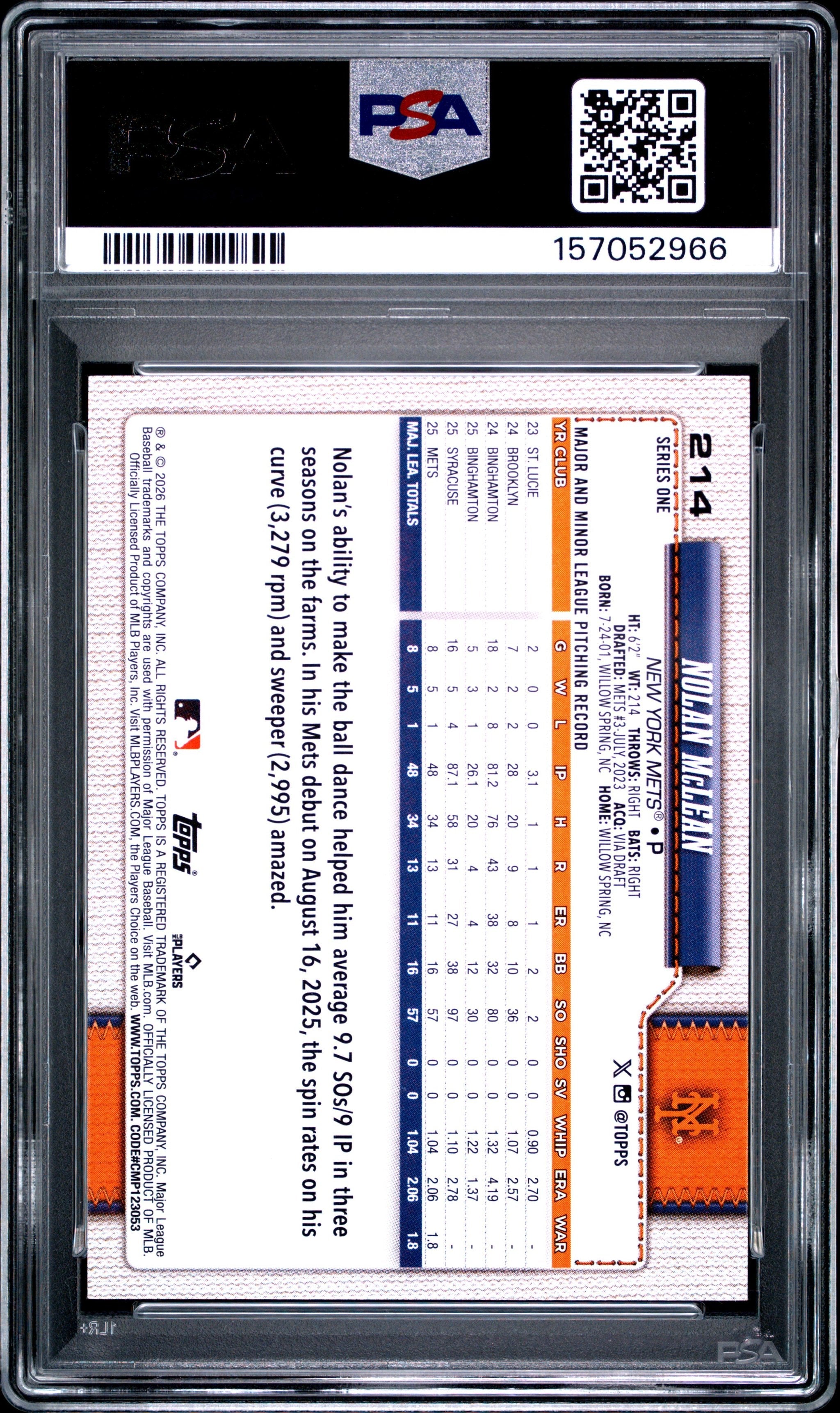 Graded 2026 Topps Nolan McLean #214 Rookie RC Baseball Card PSA 9 Mint
