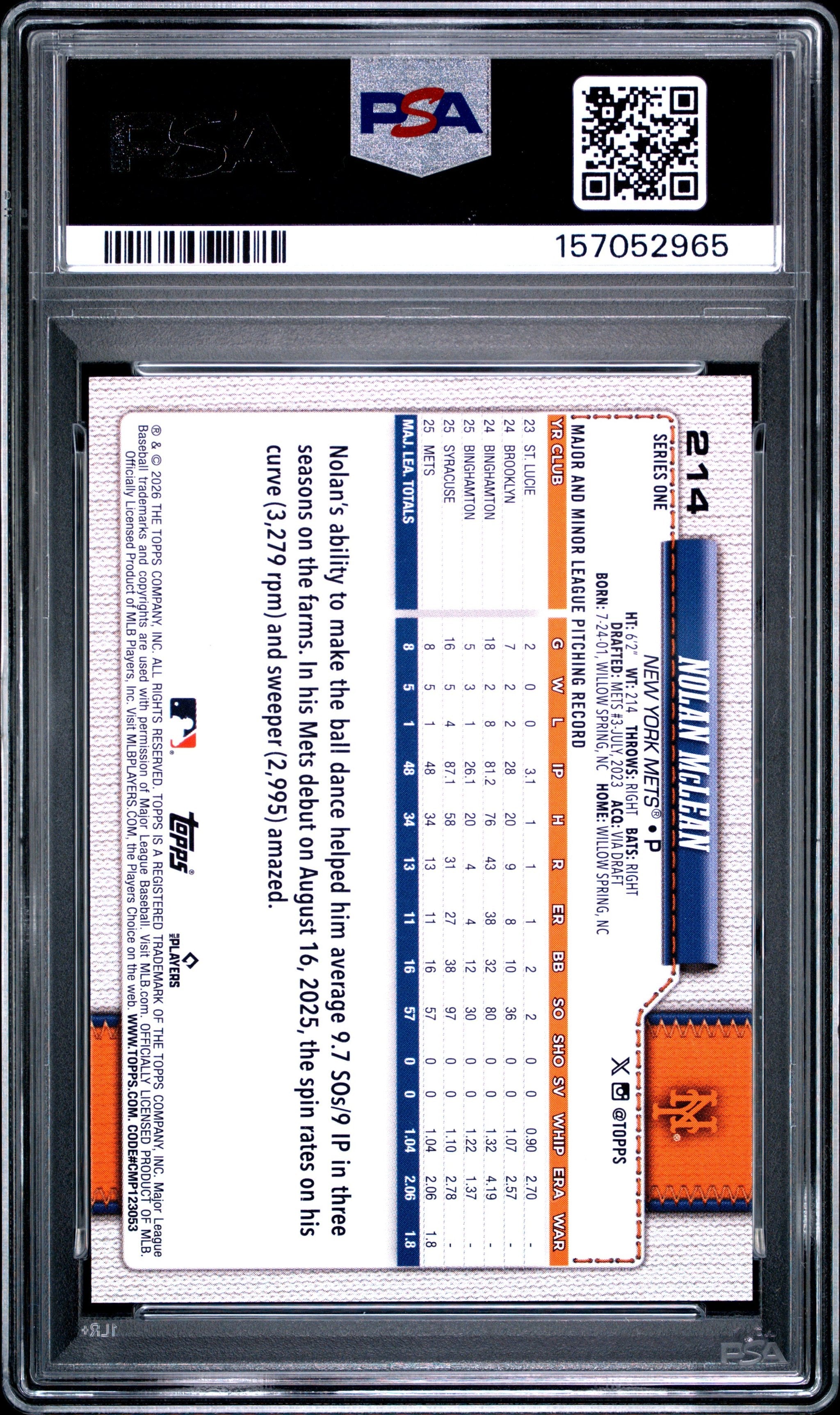 Graded 2026 Topps Nolan McLean #214 Rookie RC Baseball Card PSA 10 Gem Mint