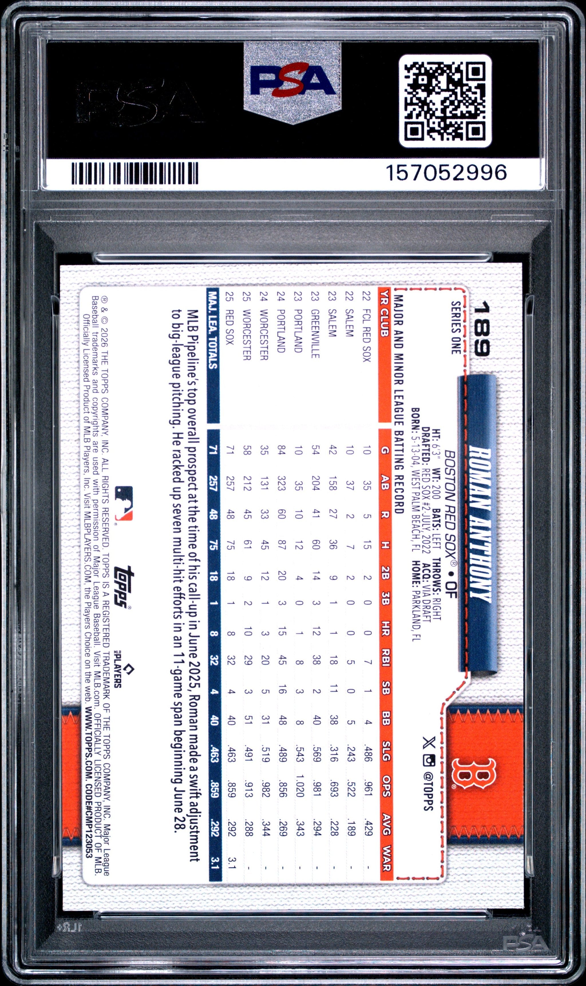 Graded 2026 Topps Roman Anthony #189 Rookie RC Baseball Card PSA 9 Mint