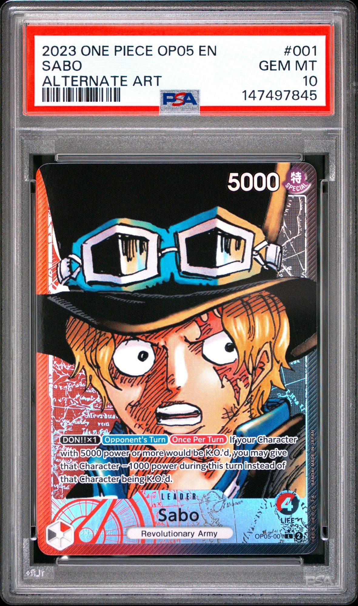 Graded 2023 One Piece Sabo #001 Alt Art Awakening of the New Era OP05 Trading Card Game PSA 10 Gem Mint