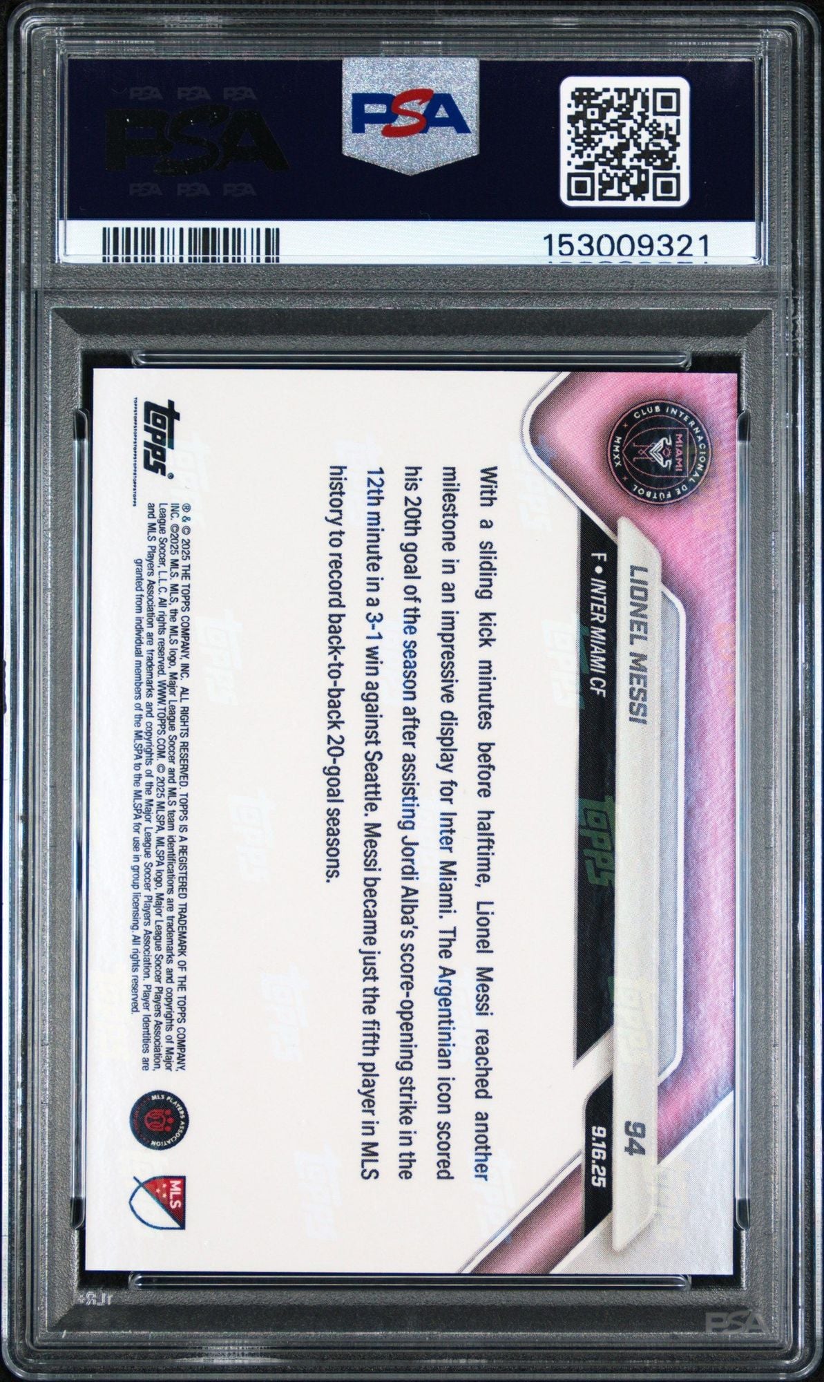 Graded 2025 Topps Now MLS Lionel Messi #94 Consecutive 20-Goal Seasons Soccer Card PSA 10 Gem Mint