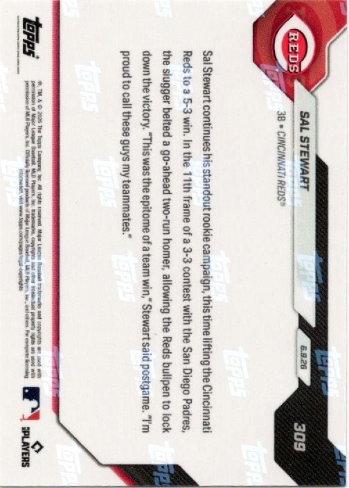 2026 Topps Now Sal Stewart #309 Orange Foil /25 2nd Home Run in 11th Delivers Reds Win in San Diego Cincinnati Reds Rookie RC Baseball Card